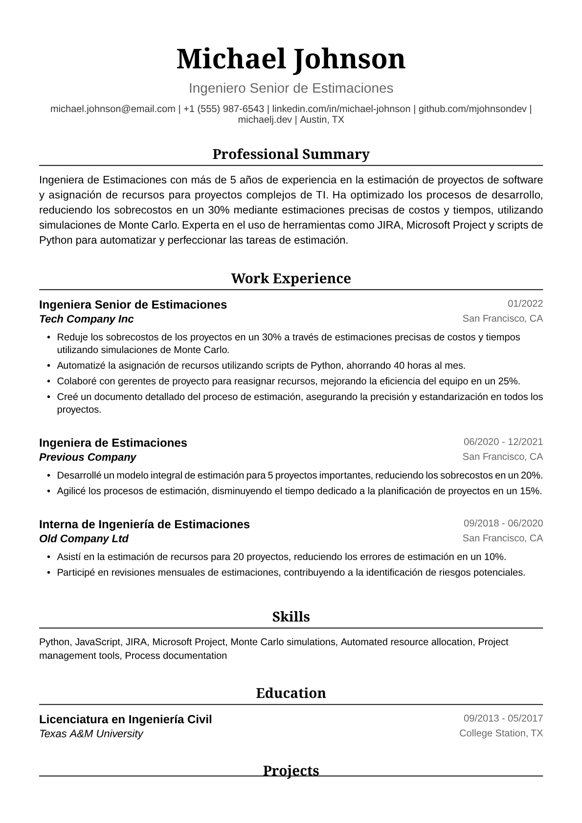 Ejemplo de Currículum Vitae de Ingeniera de Estimaciones