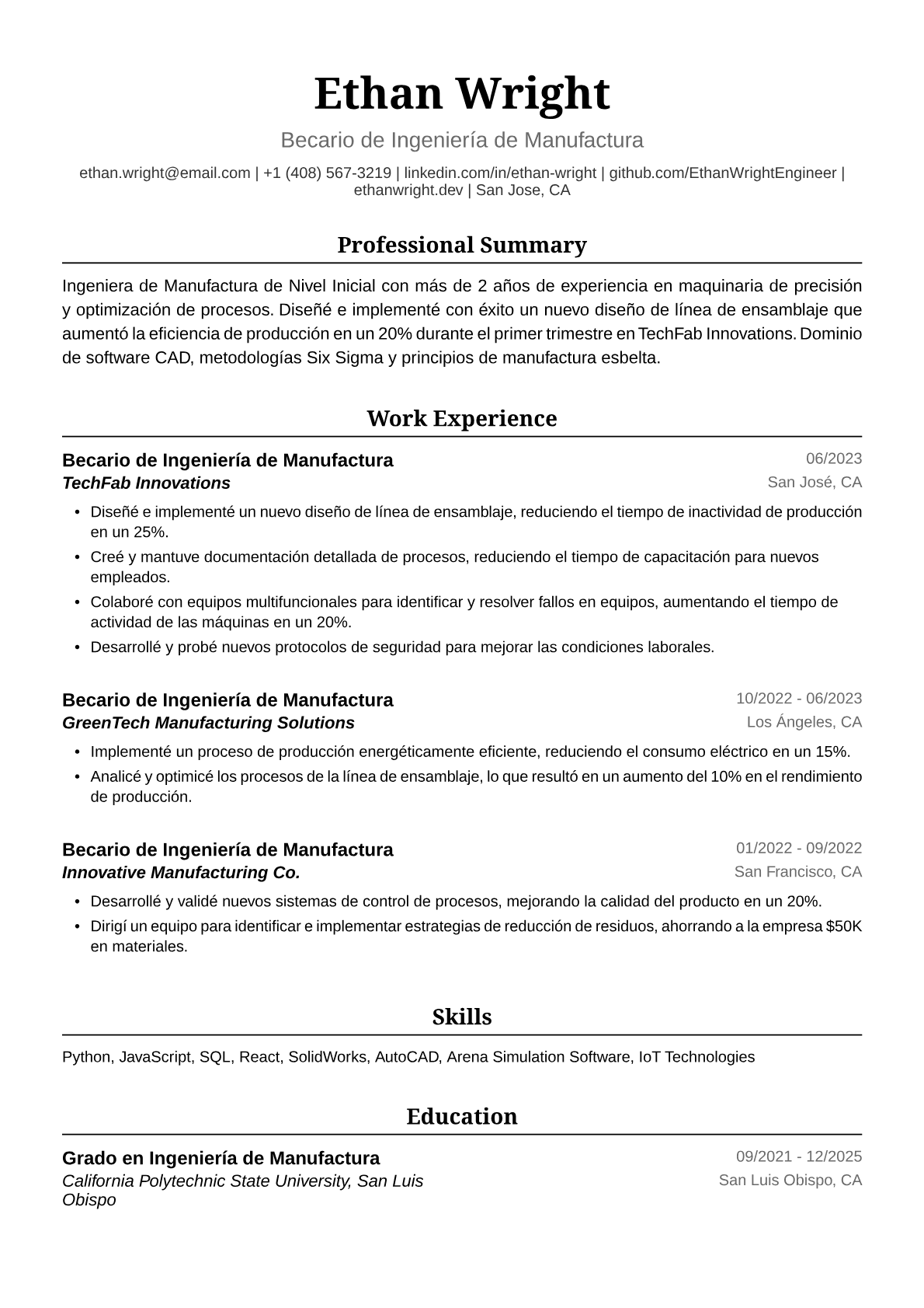Ejemplo de Currículum de Ingeniera de Manufactura Junior