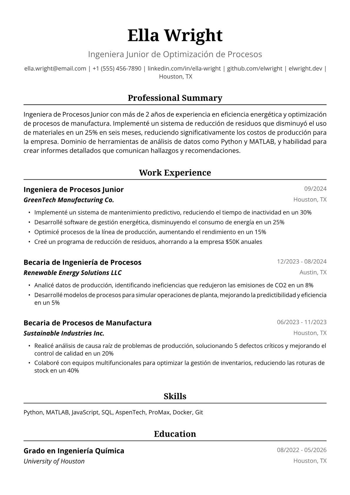 Ejemplo de Currículum de Ingeniera de Procesos Junior