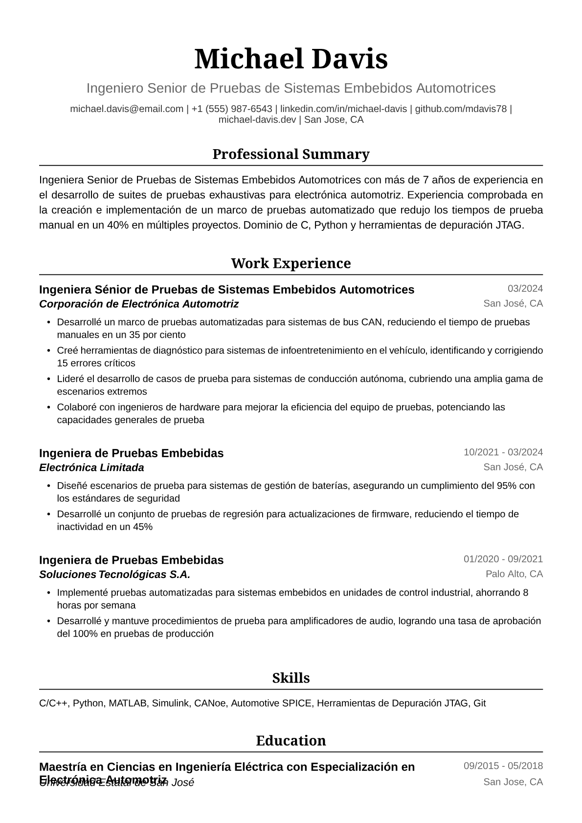 Ejemplo de Currículum de Ingeniera de Pruebas Embebidas