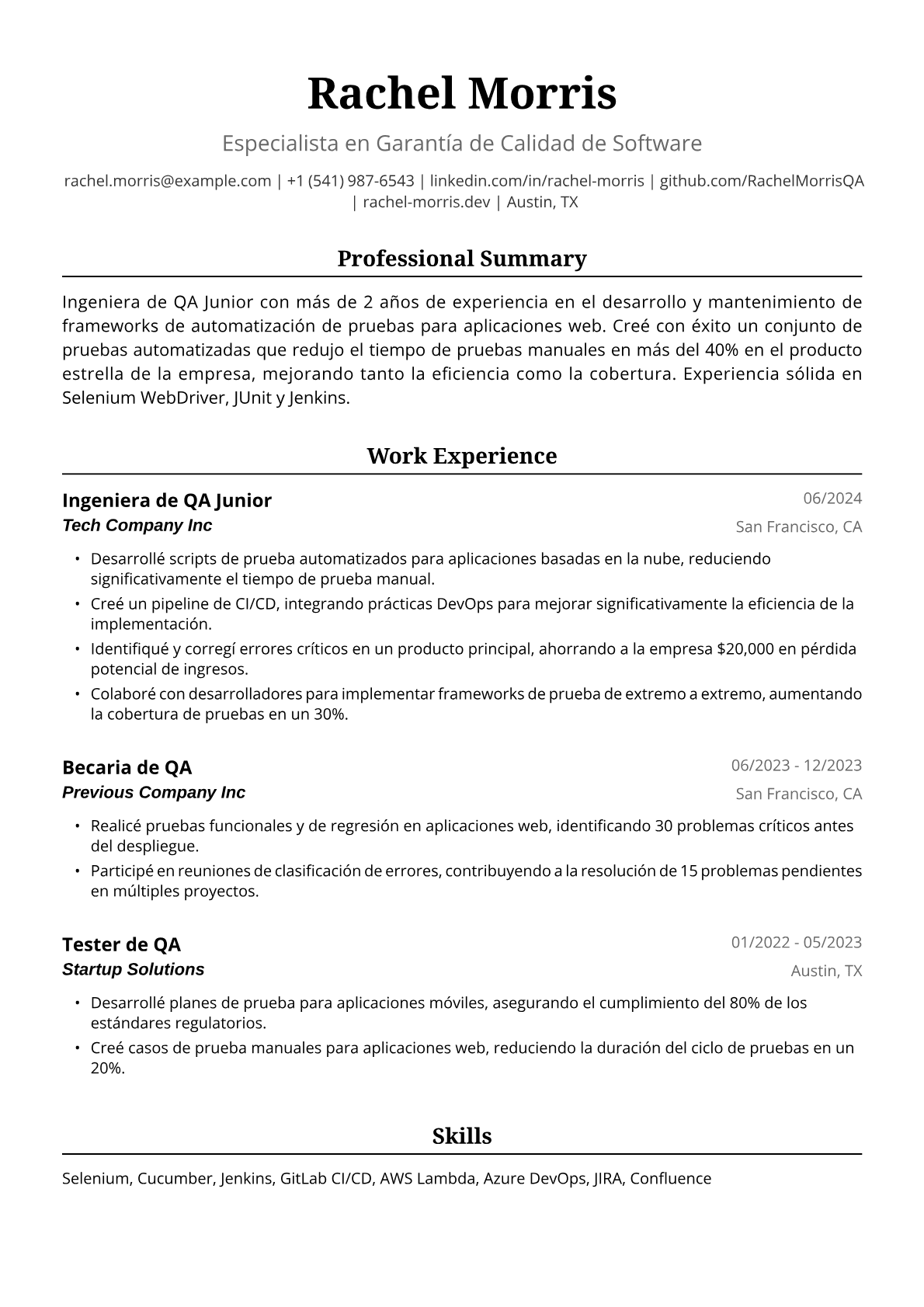 Ejemplo de Currículum de Ingeniera de QA Junior