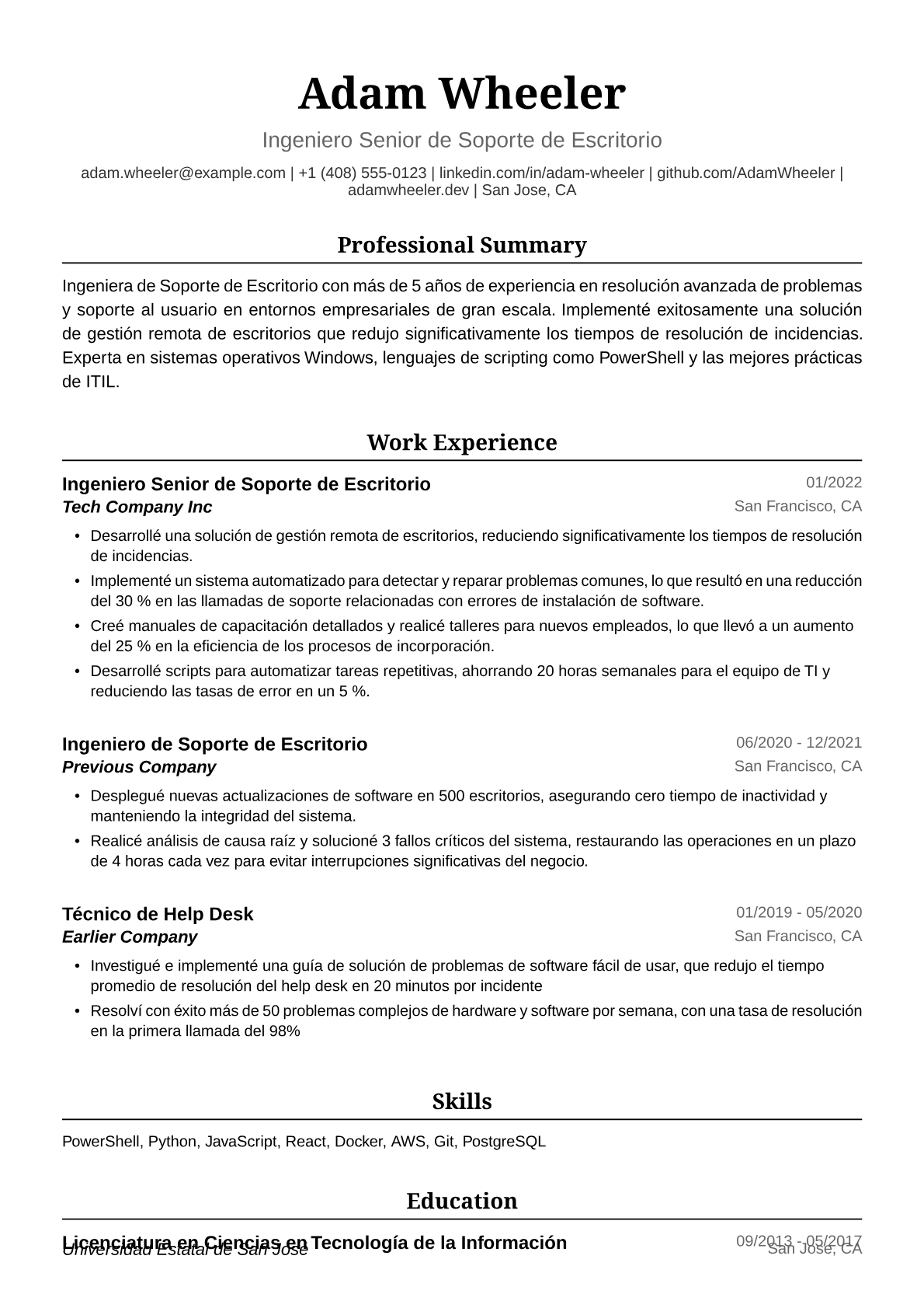 Ejemplo de Currículum Vitae de Ingeniera de Soporte de Escritorio