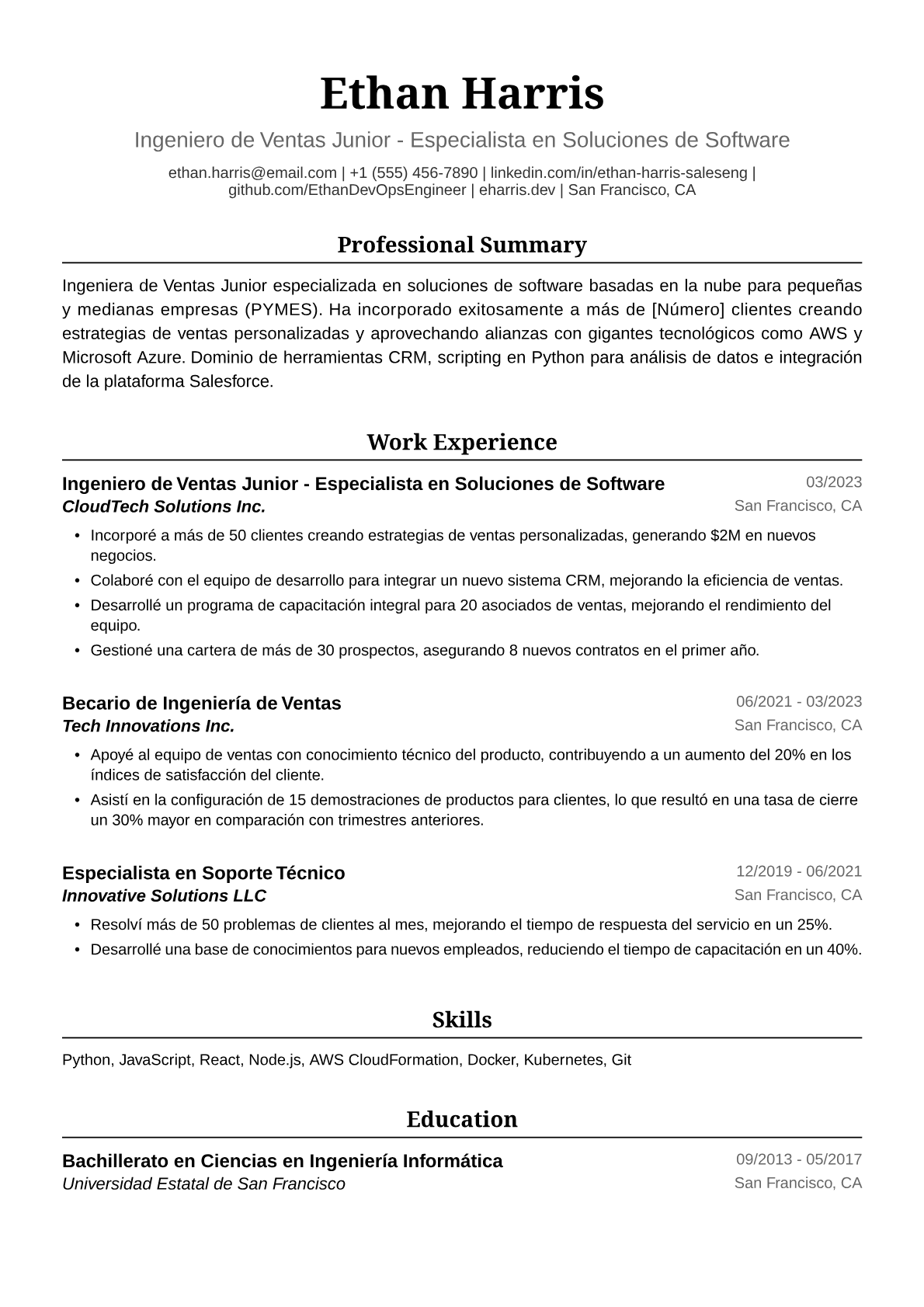 Ejemplo de Currículum para Ingeniera de Ventas Junior