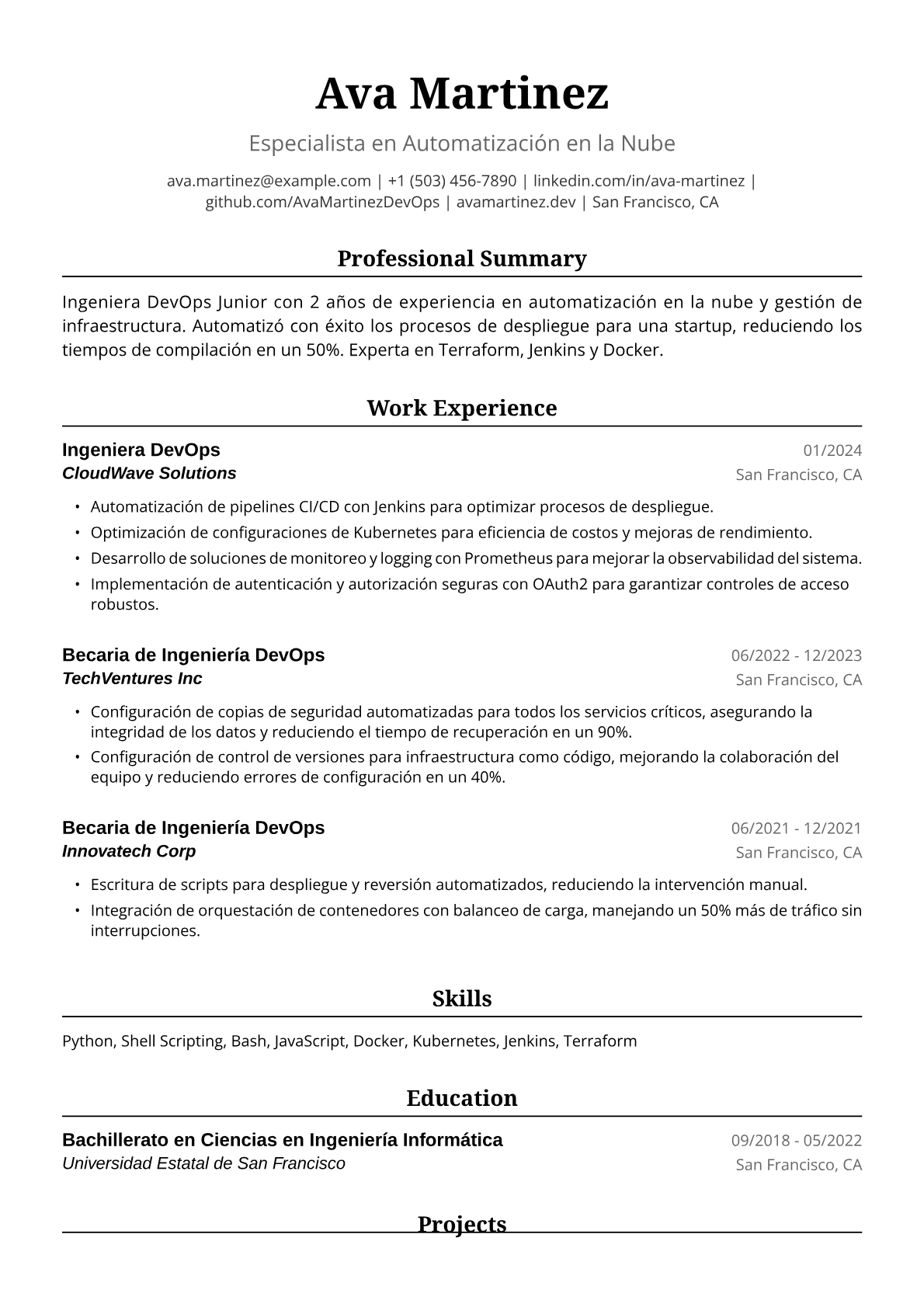 Ejemplo de Currículum para Ingeniera DevOps Junior