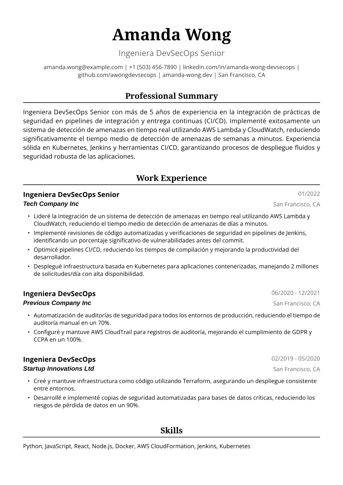 Ejemplo de Currículum de Ingeniera DevSecOps