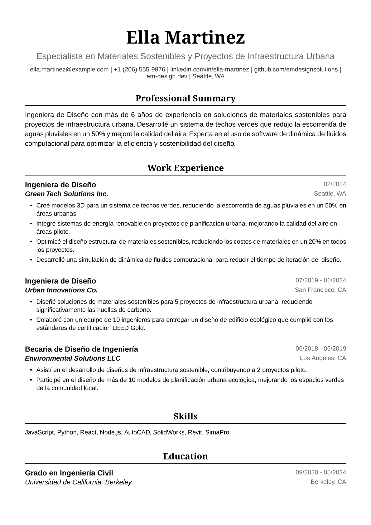 Ejemplo de Currículum para Ingeniera de Diseño