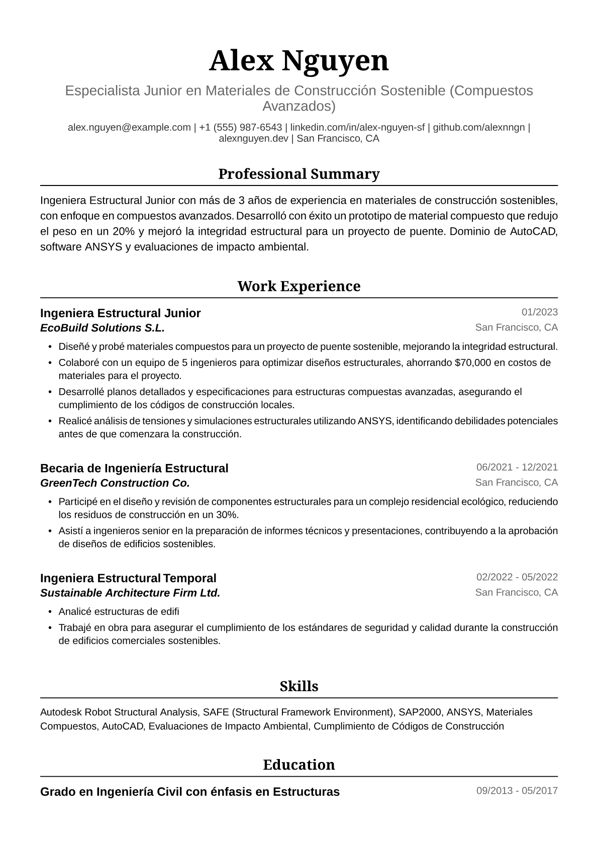 Ejemplo de Currículum Vitae para Ingeniera Estructural Junior