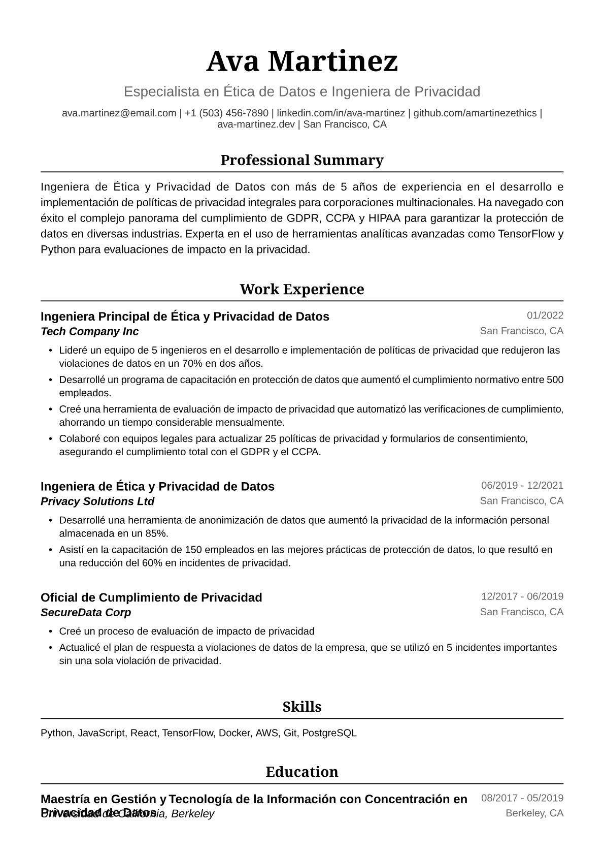 Ejemplo de Currículum para Ingeniera de Ética y Privacidad de Datos