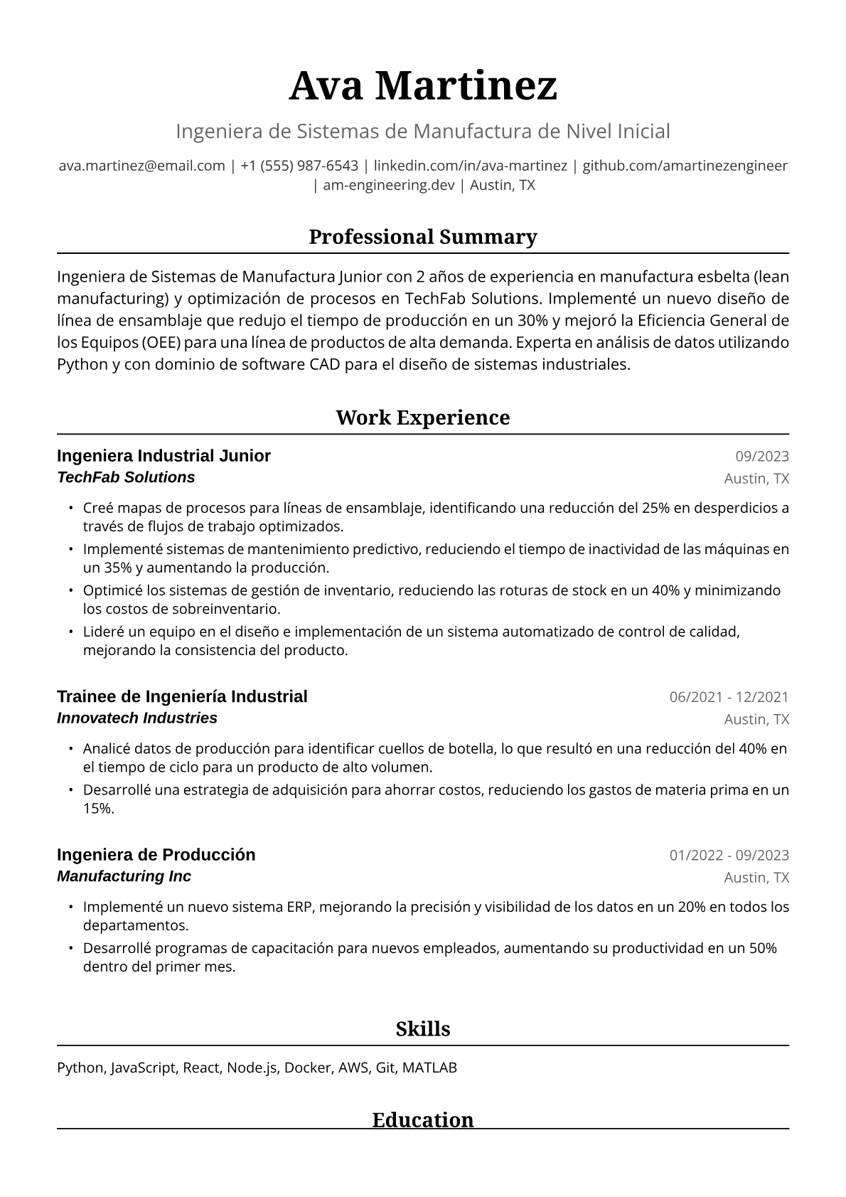 Ejemplo de Currículum para Ingeniera Industrial Junior