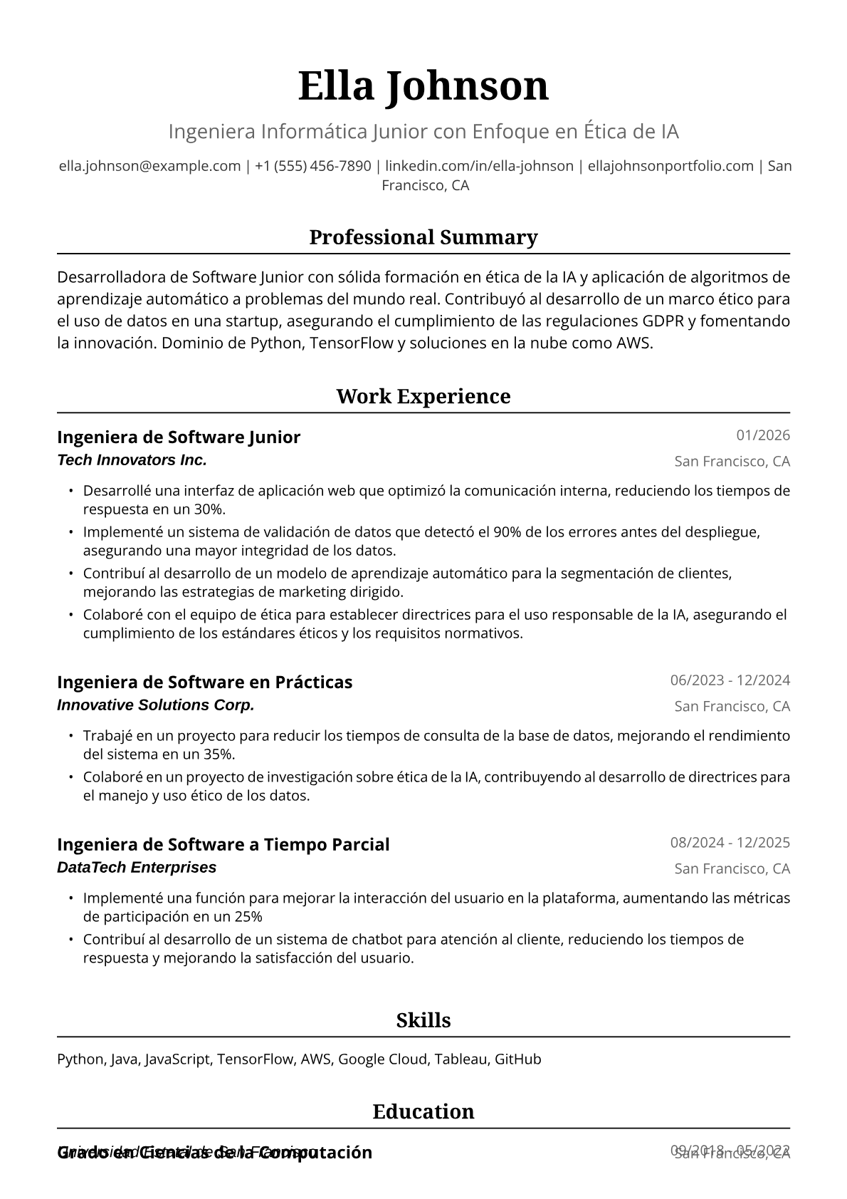 Ejemplo de Currículum para Ingeniera Informática Junior