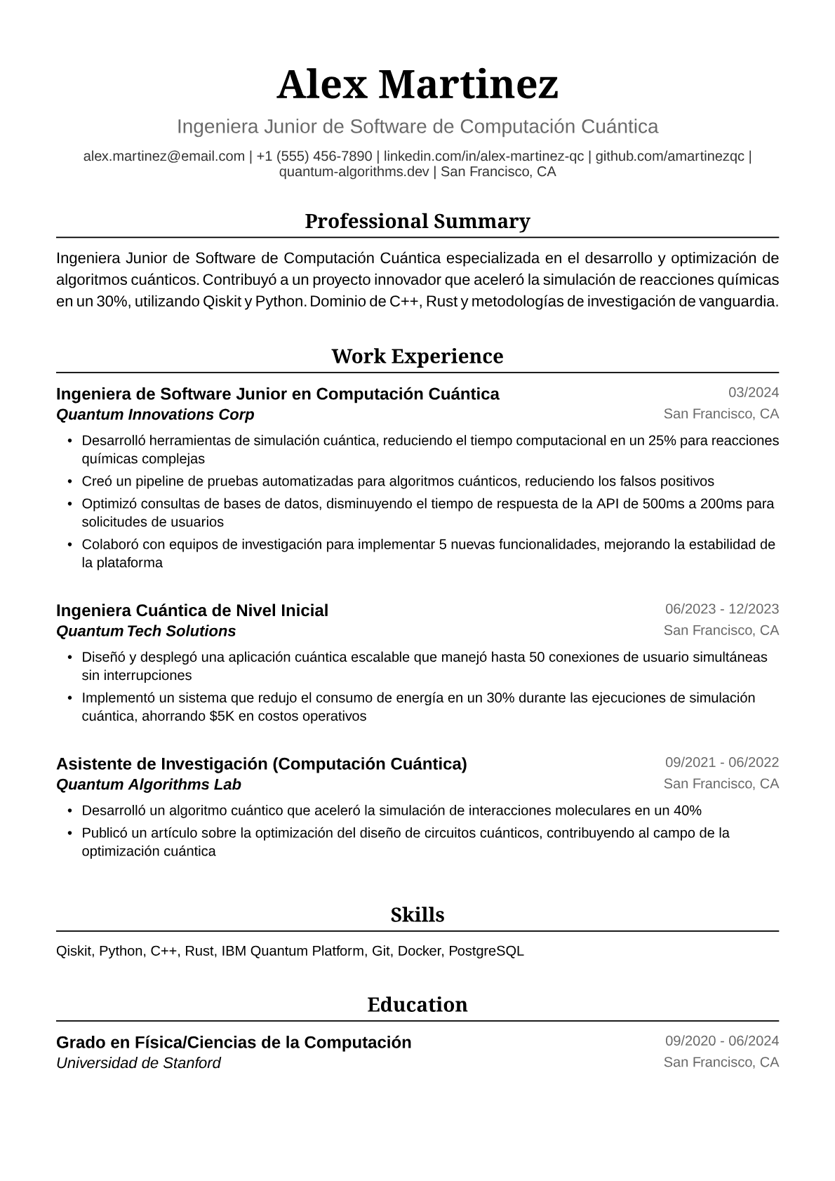 Ejemplo de Currículum para Ingeniera Junior