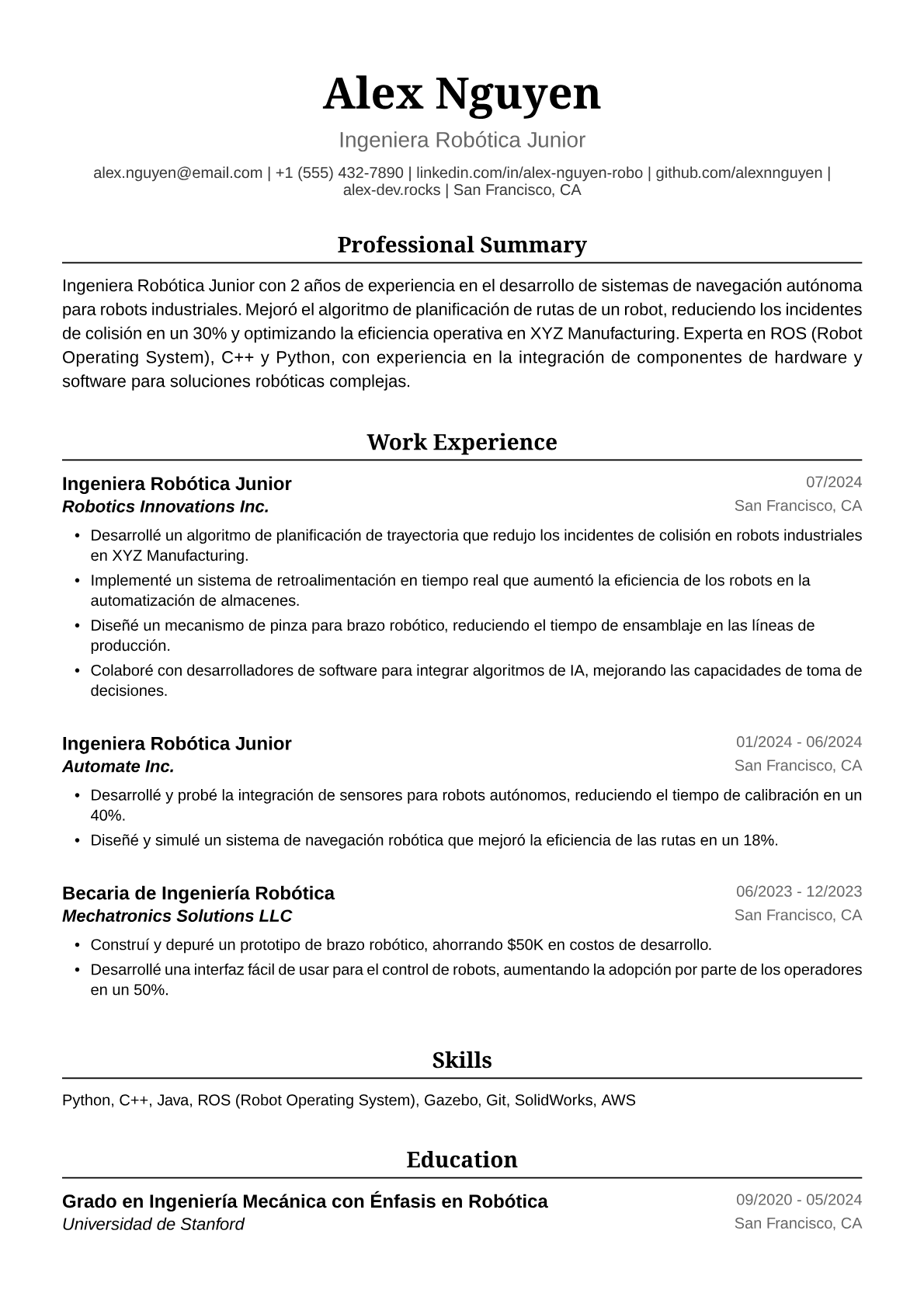 Ejemplo de Currículum de Ingeniera Robótica Junior