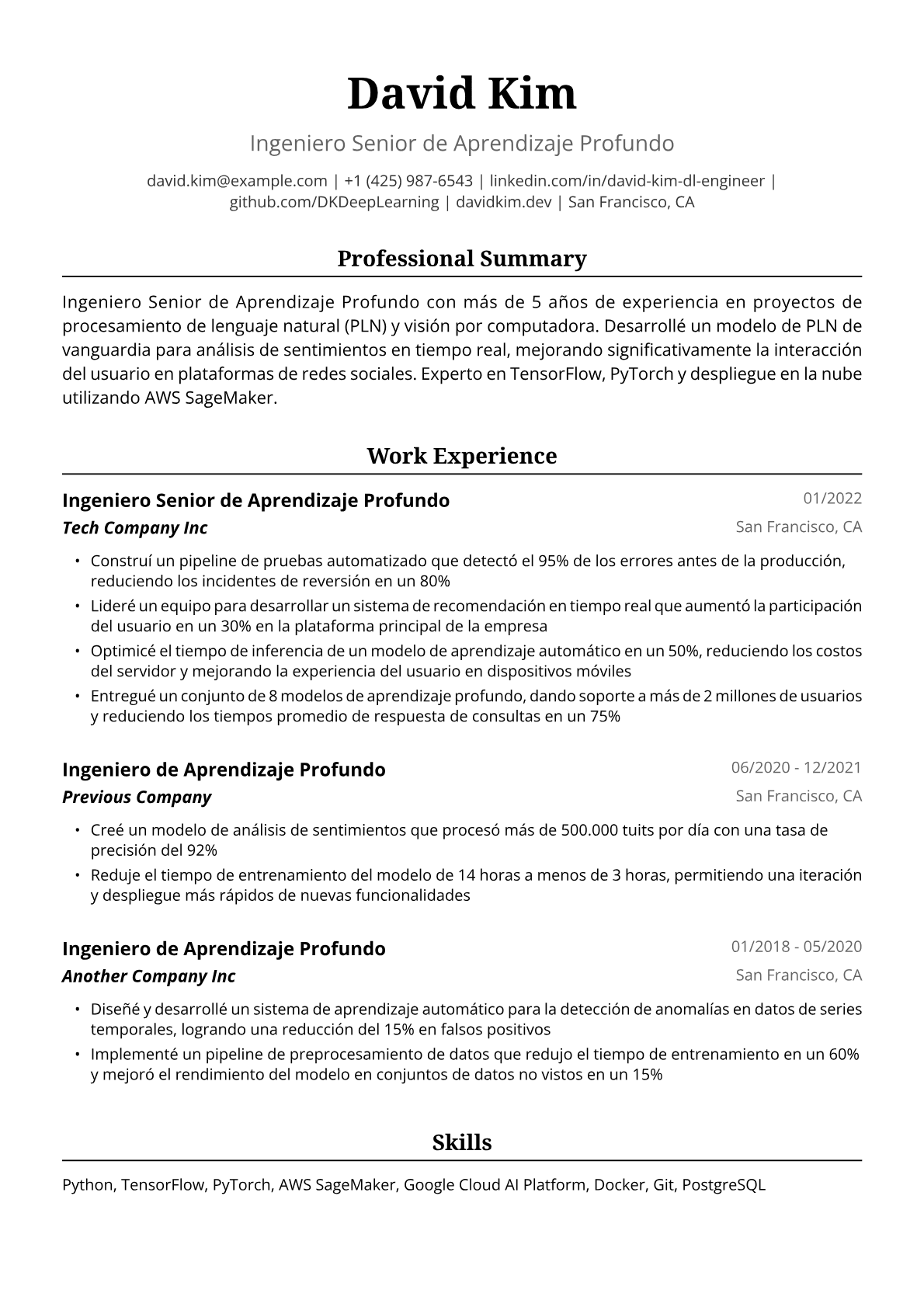 Ejemplo de Currículum para Ingeniero de Aprendizaje Profundo