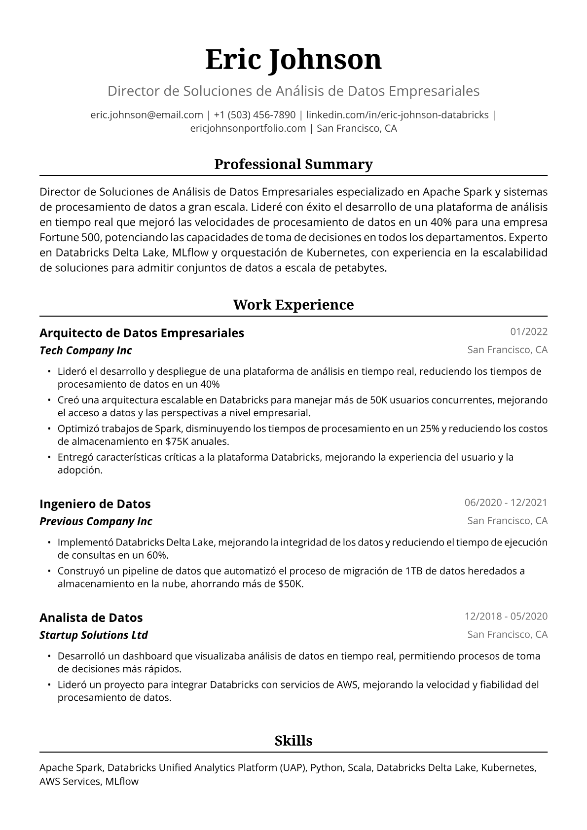 Ejemplo de Currículum de Ingeniero de Datos en Databricks