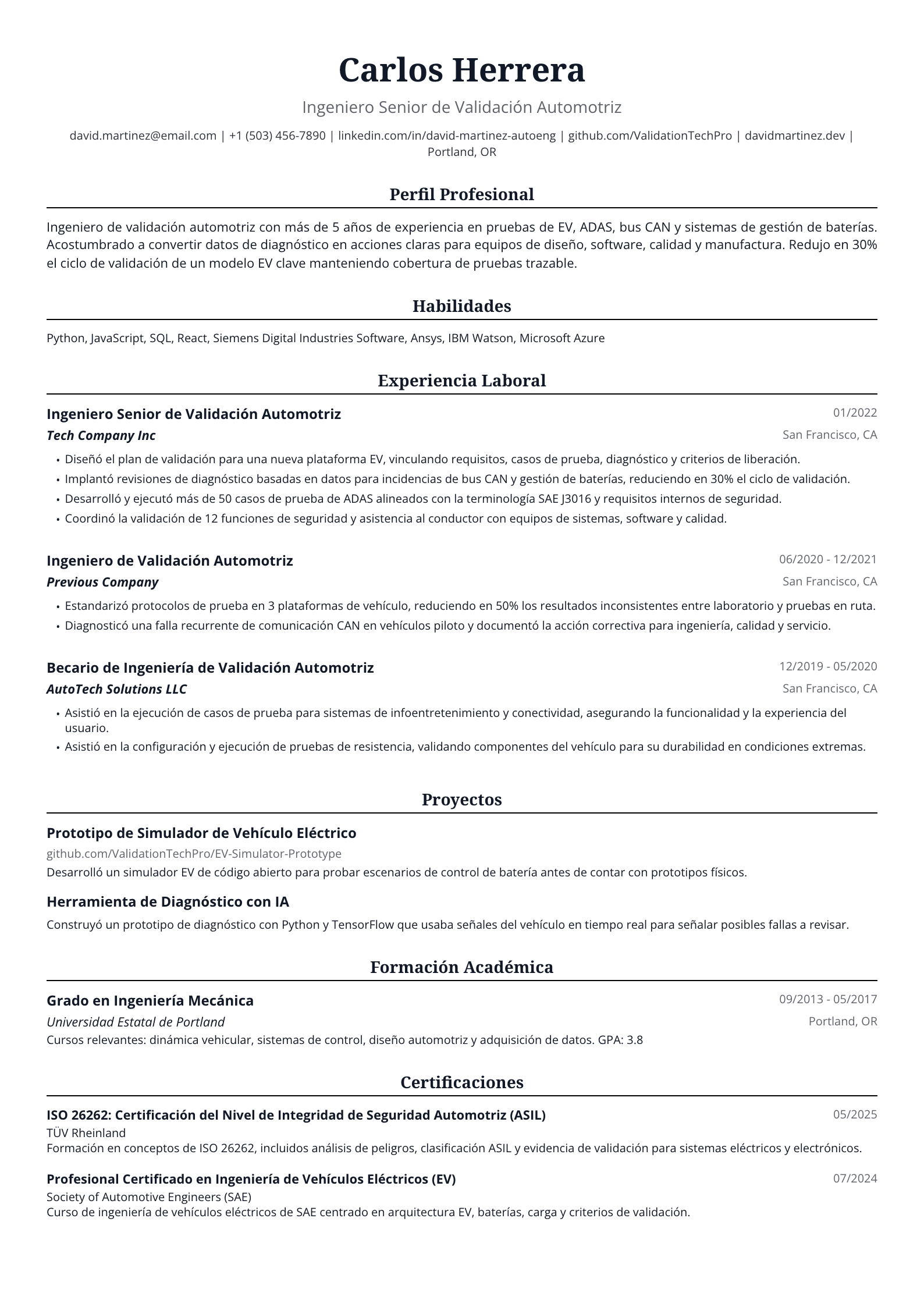 Ingeniero de Validación Automotriz