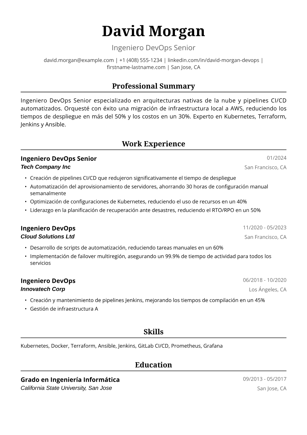 Ejemplo de Currículum de Ingeniero DevOps