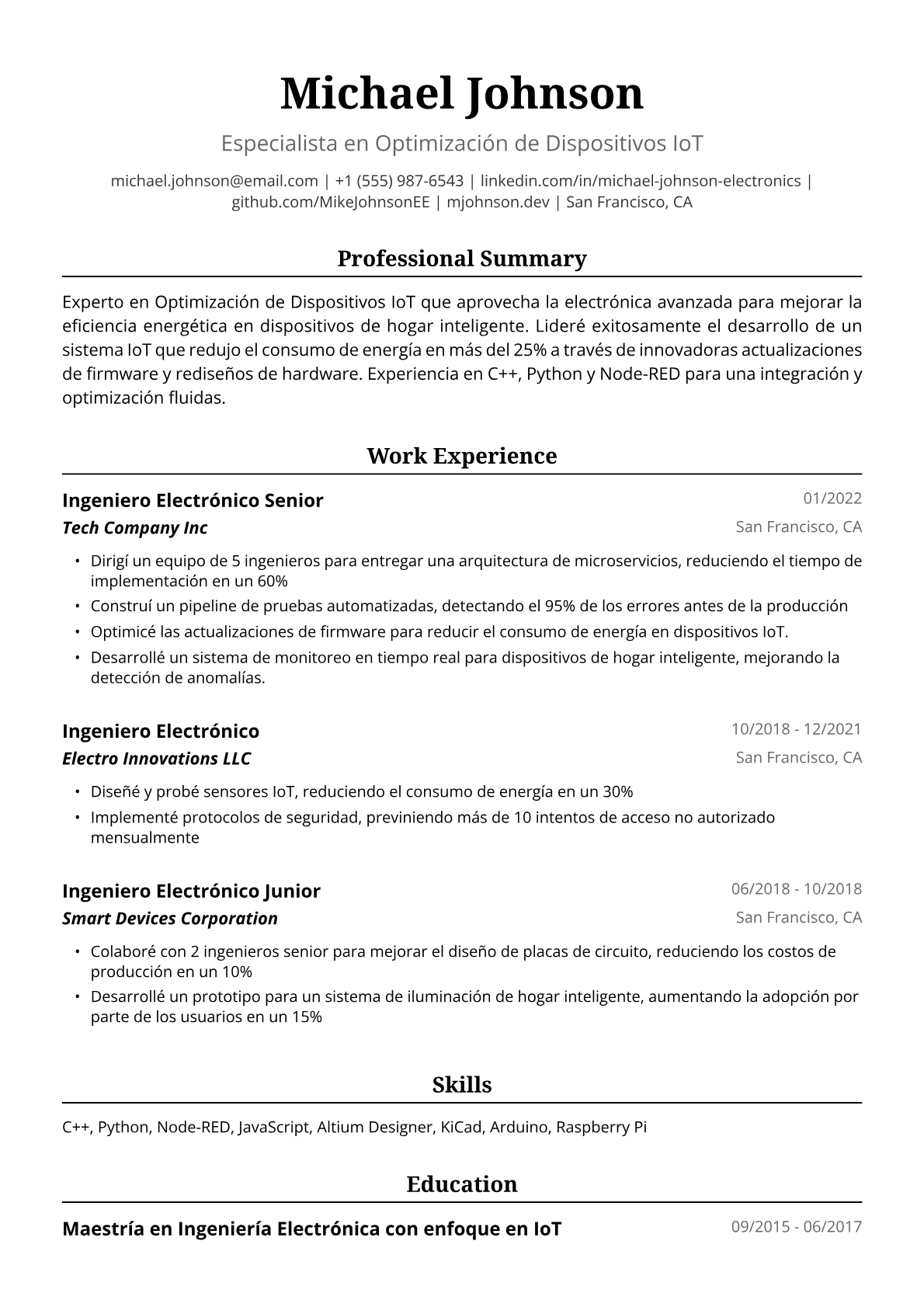 Ejemplo de Currículum de Ingeniero Electrónico