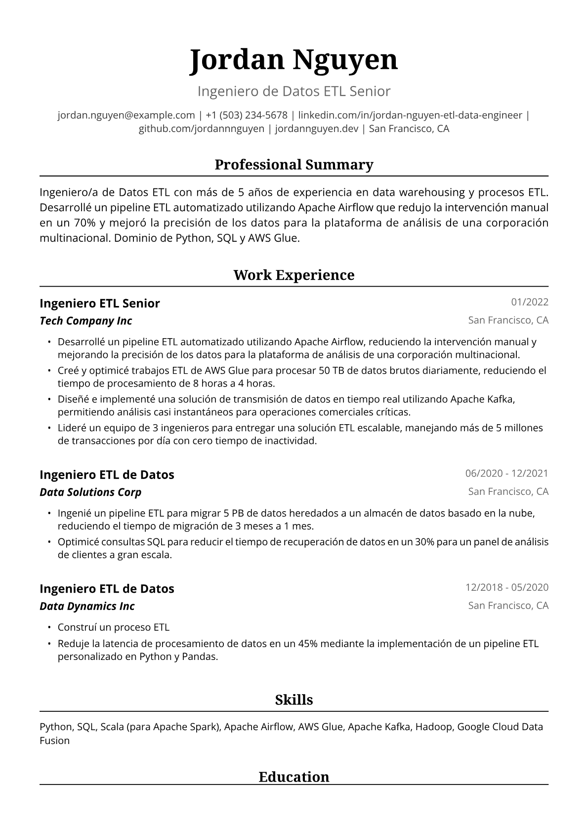 Ejemplo de Currículum de Ingeniero/a de Datos ETL