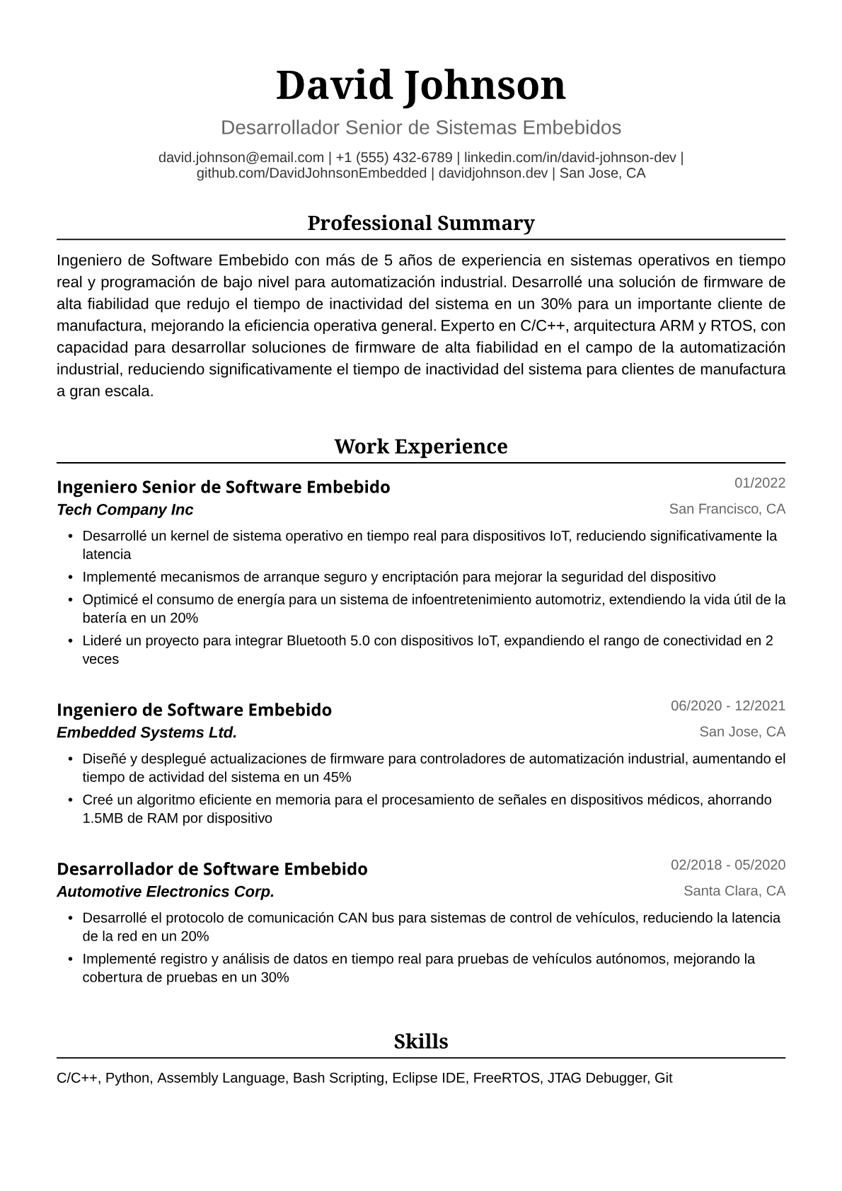 Ejemplo de Currículum de Ingeniero de Software Embebido