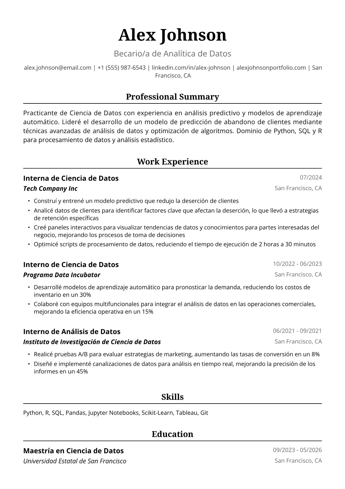 Ejemplo de Currículum para Interna de Ciencia de Datos
