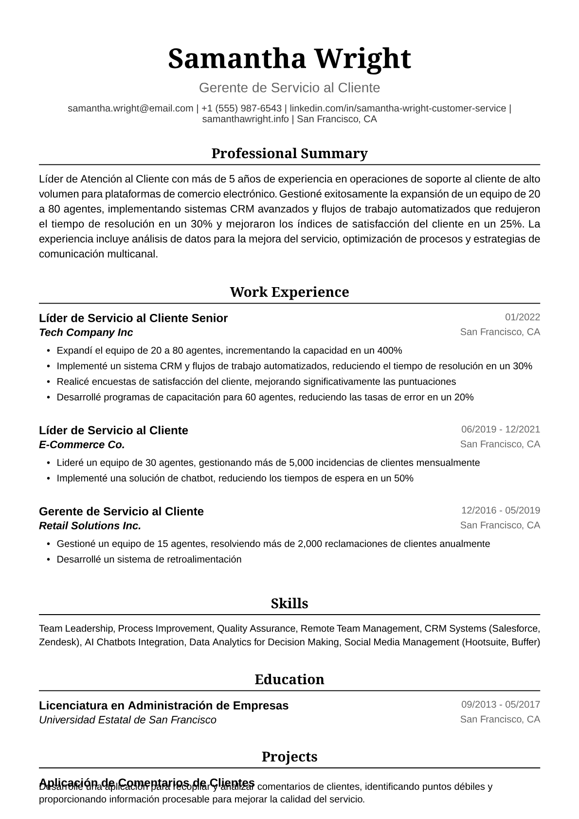 Ejemplo de Currículum de Líder de Atención al Cliente