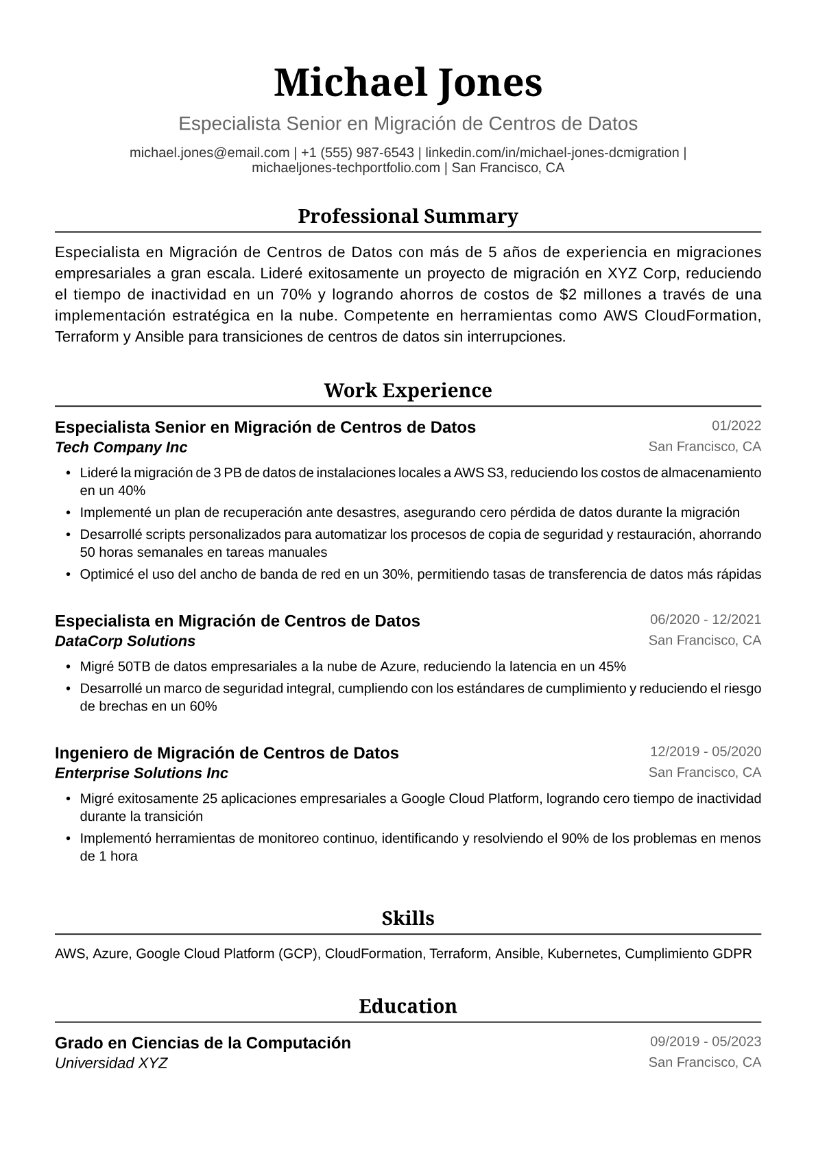 Ejemplo de Currículum Vitae para Migración de Centro de Datos