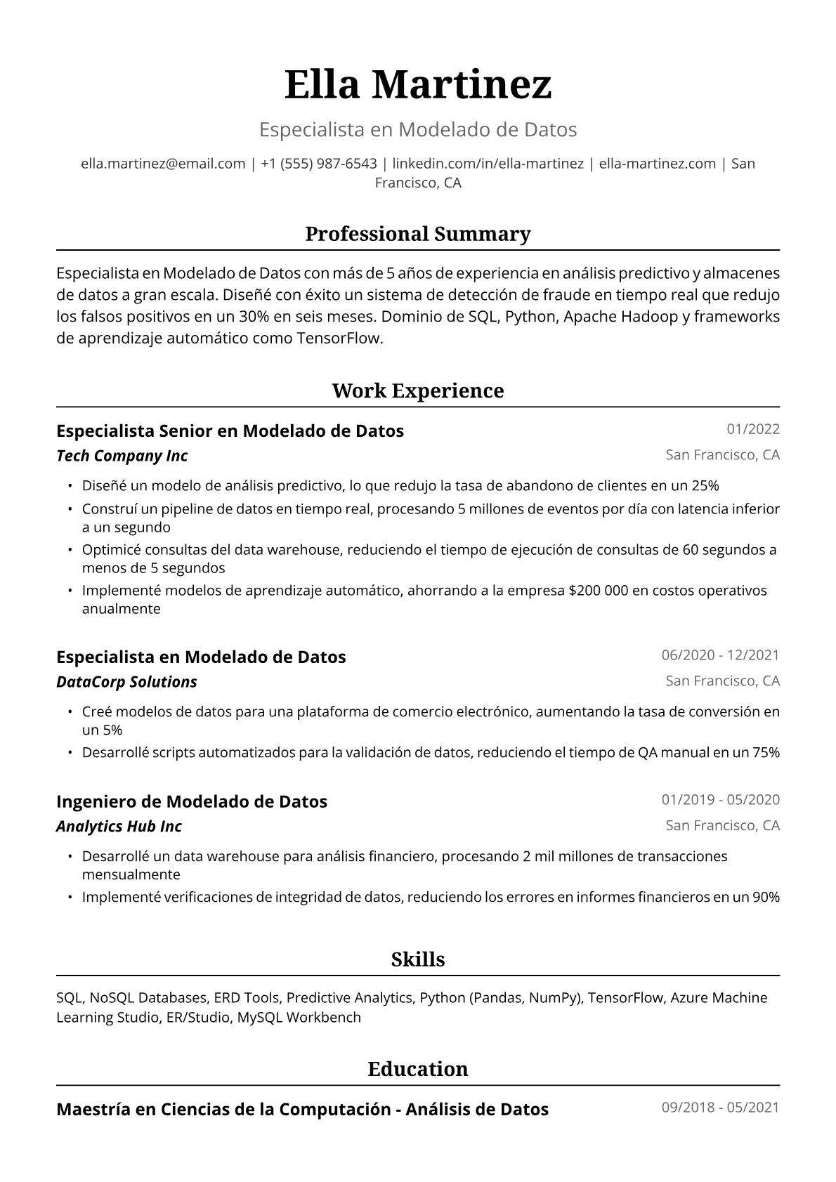 Ejemplo de Currículum de Modeladora de Datos