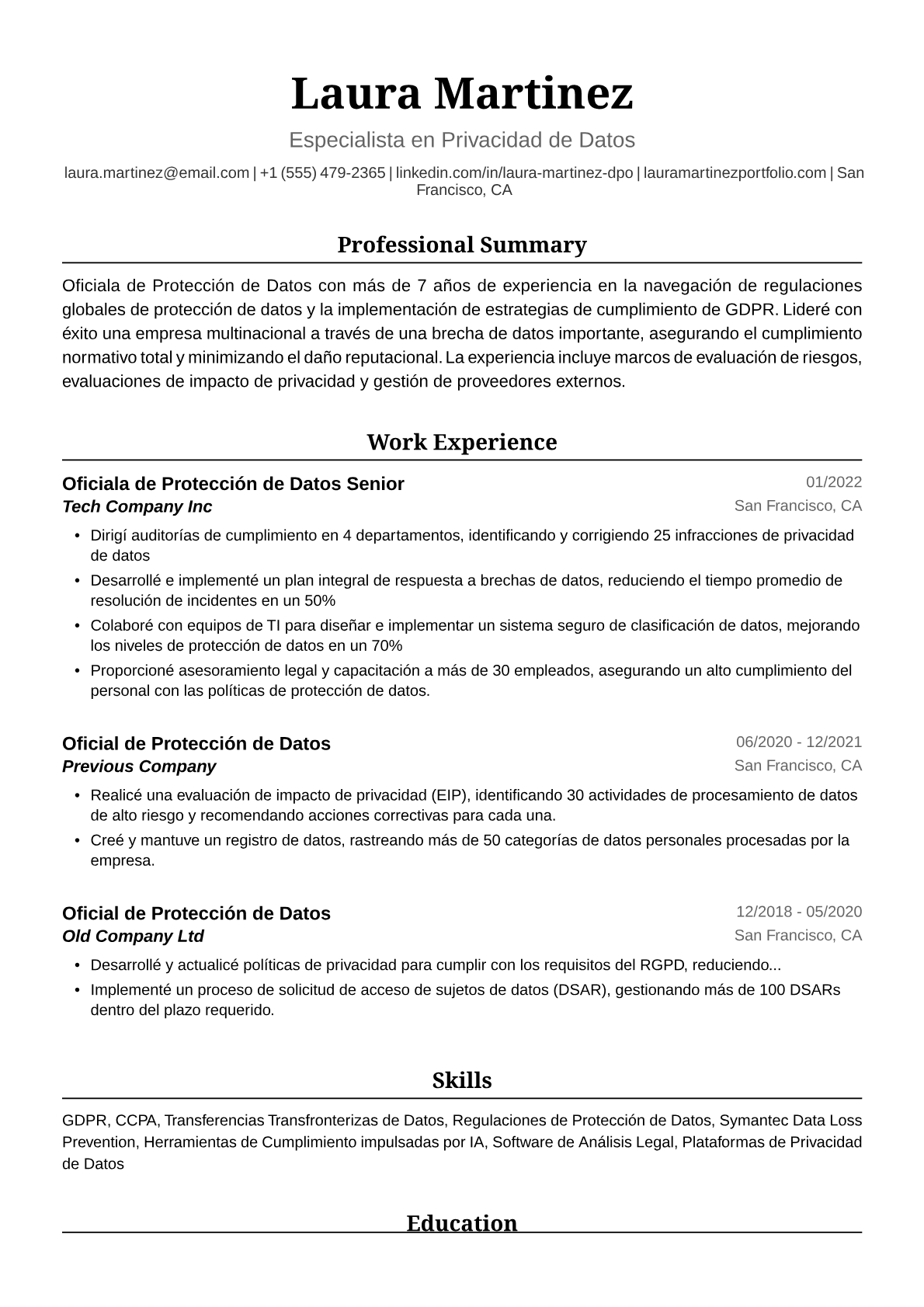 Ejemplo de Currículum de Oficiala de Protección de Datos