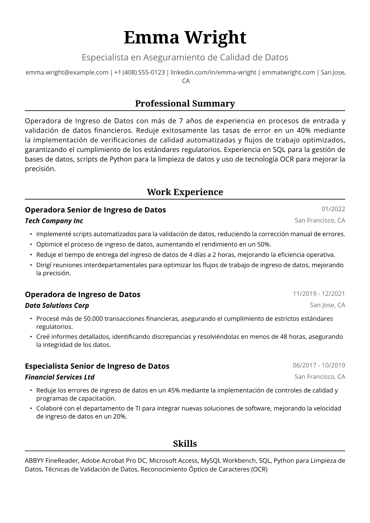 Ejemplo de Currículum de Operadora de Ingreso de Datos