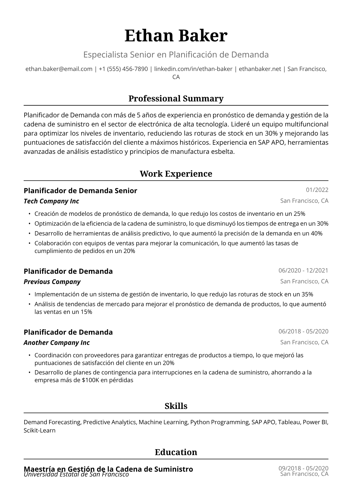 Ejemplo de Currículum de Planificador de Demanda