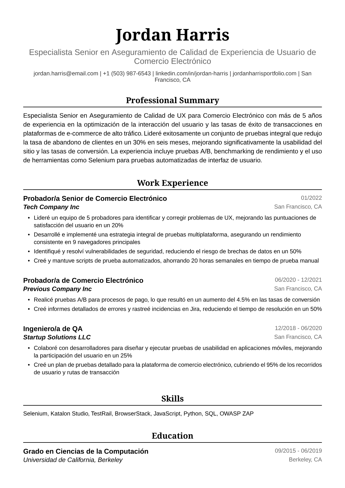 Ejemplo de Currículum de Probador/a de Comercio Electrónico