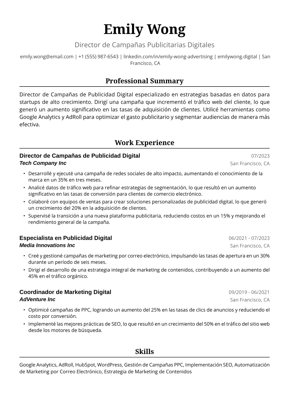 Ejemplo de Currículum para Publicista Digital