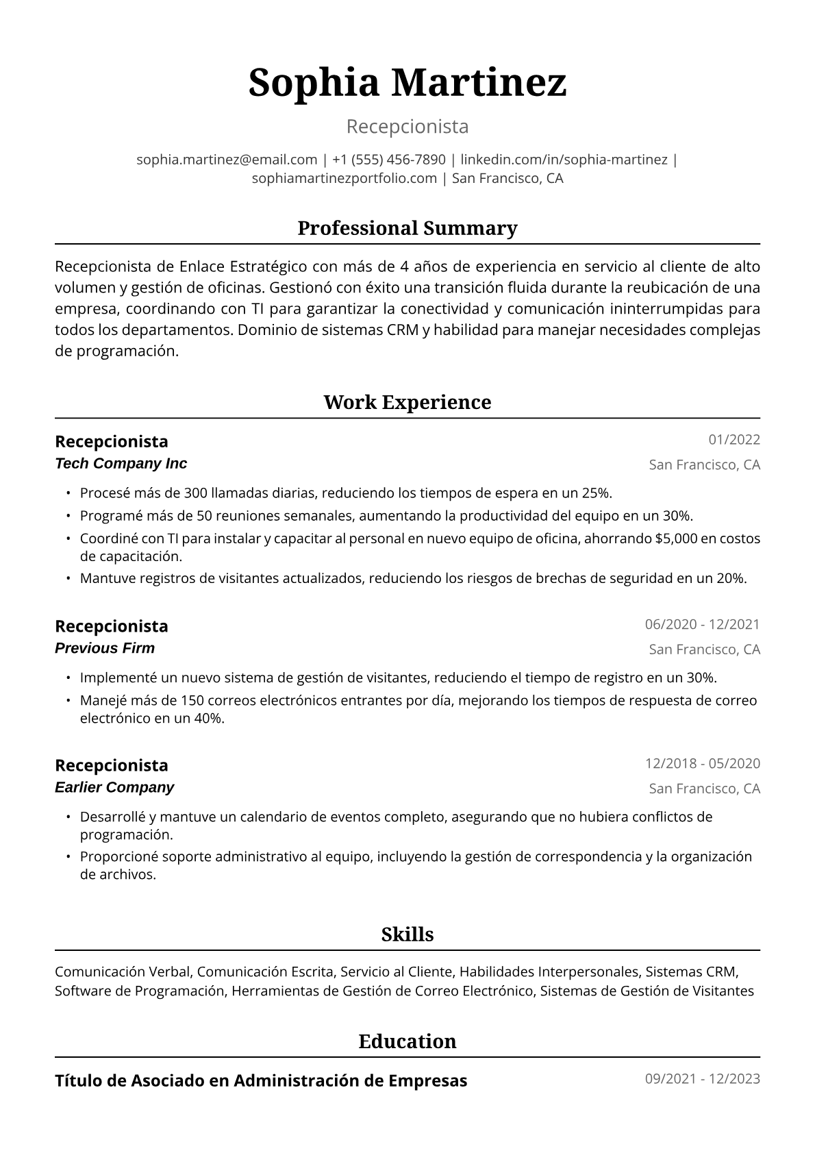 Ejemplo de Currículum de Recepcionista