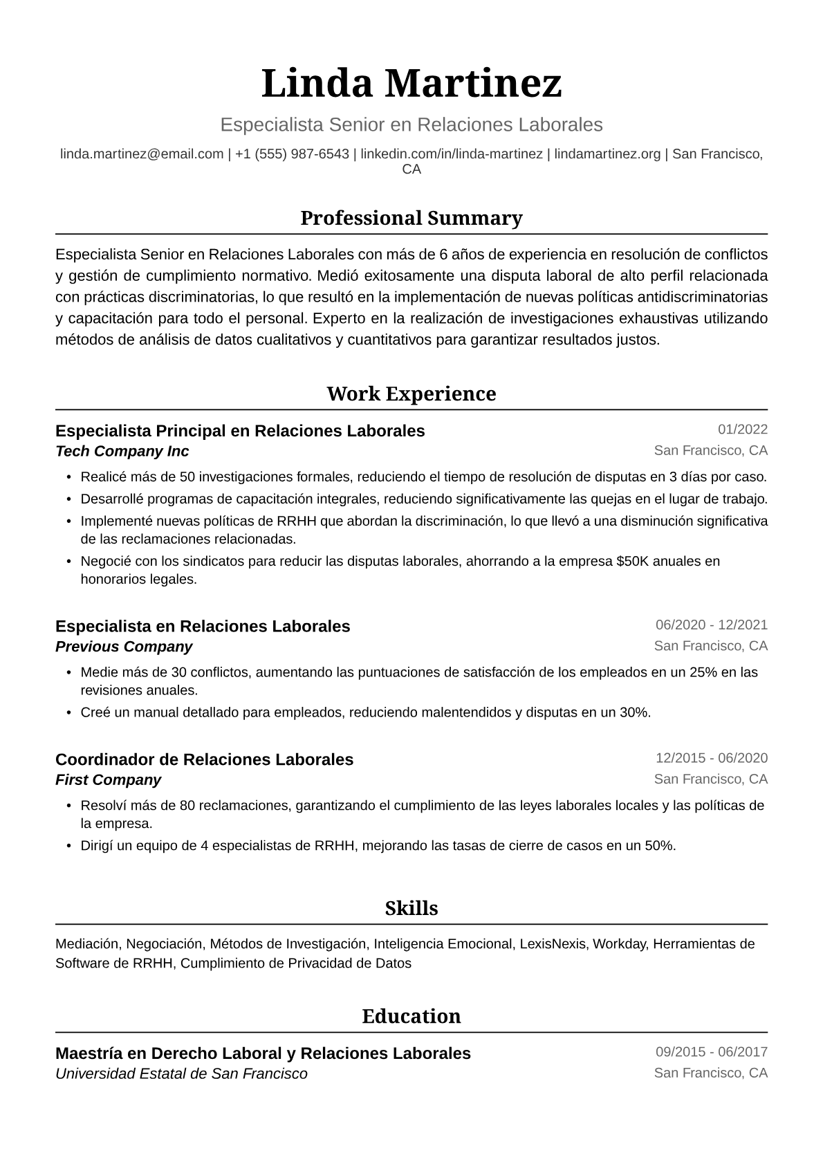 Ejemplo de Currículum de Relaciones Laborales