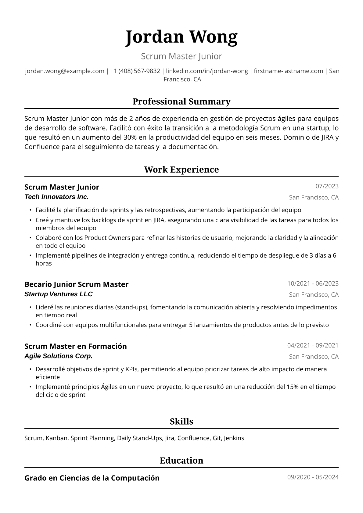Ejemplo de Currículum de Scrum Master Junior