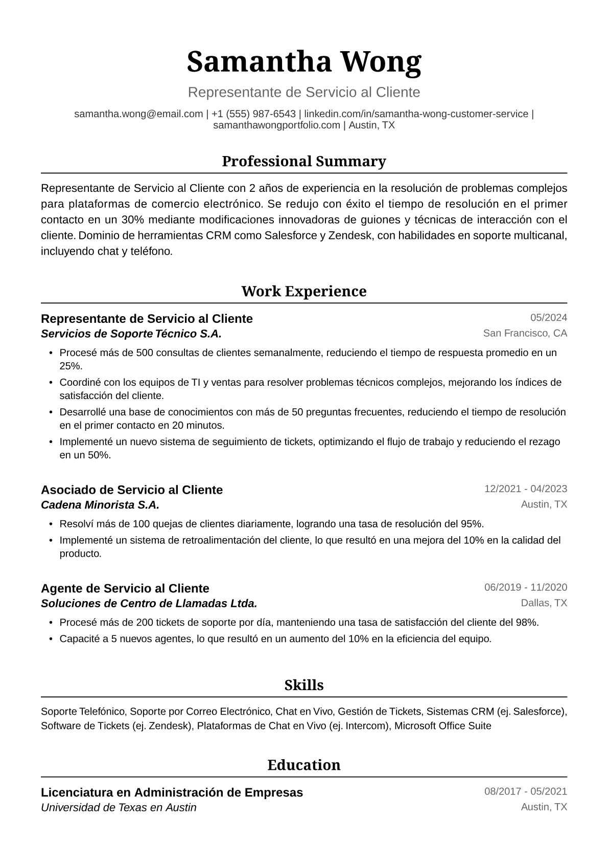 Ejemplo de Currículum Vitae para Servicio al Cliente Nivel Inicial