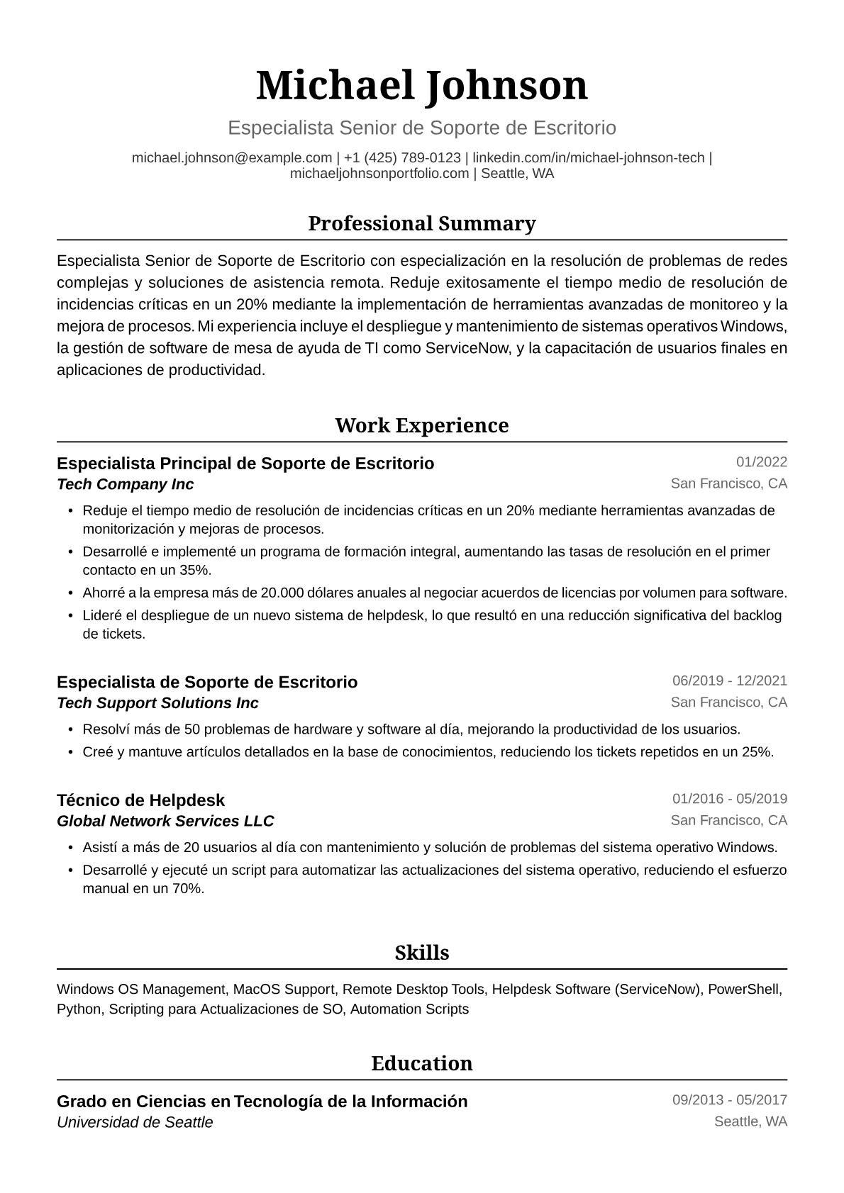 Ejemplo de Currículum de Soporte Técnico de Escritorio