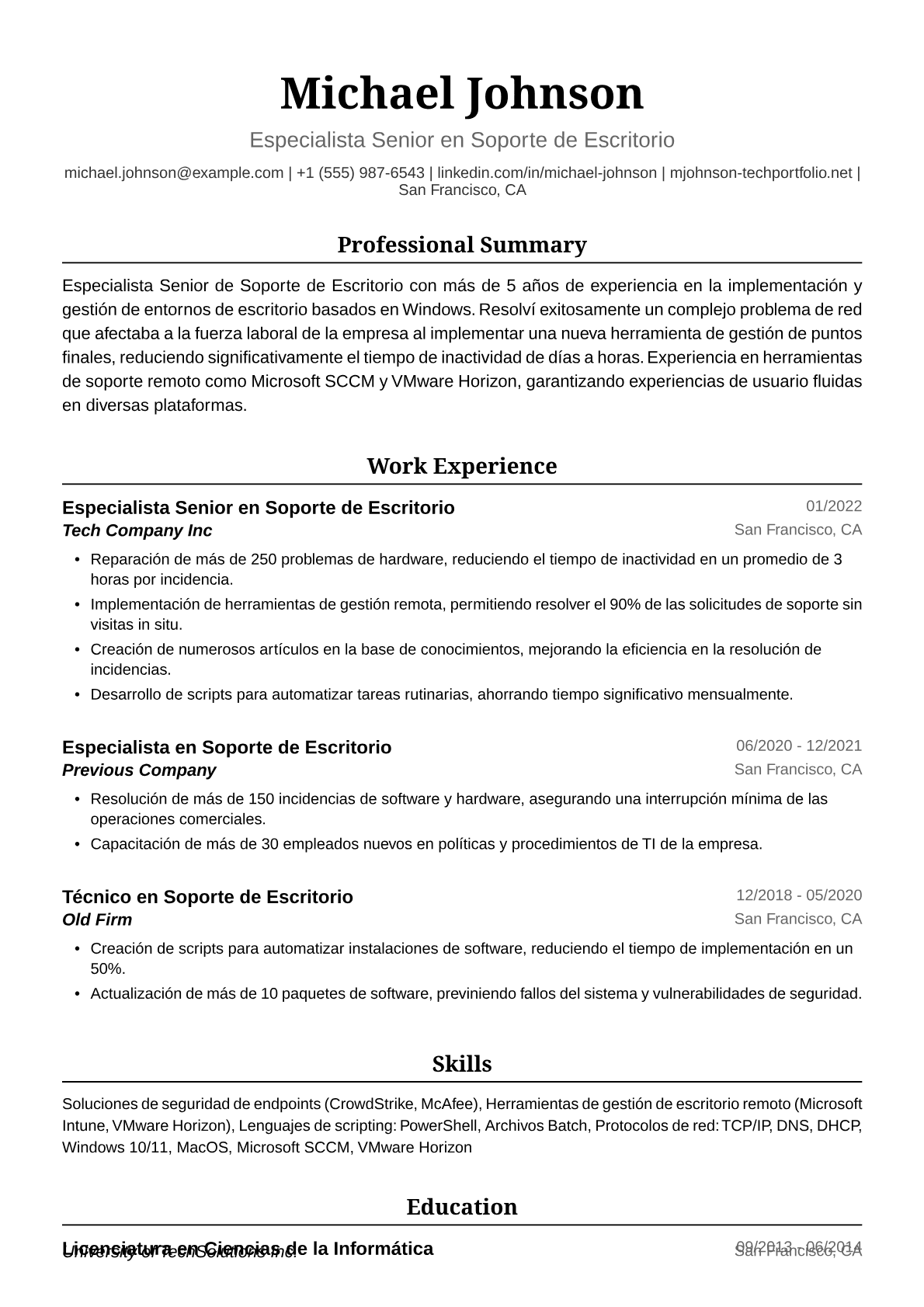 Ejemplo de Currículum de Soporte Técnico de Escritorio