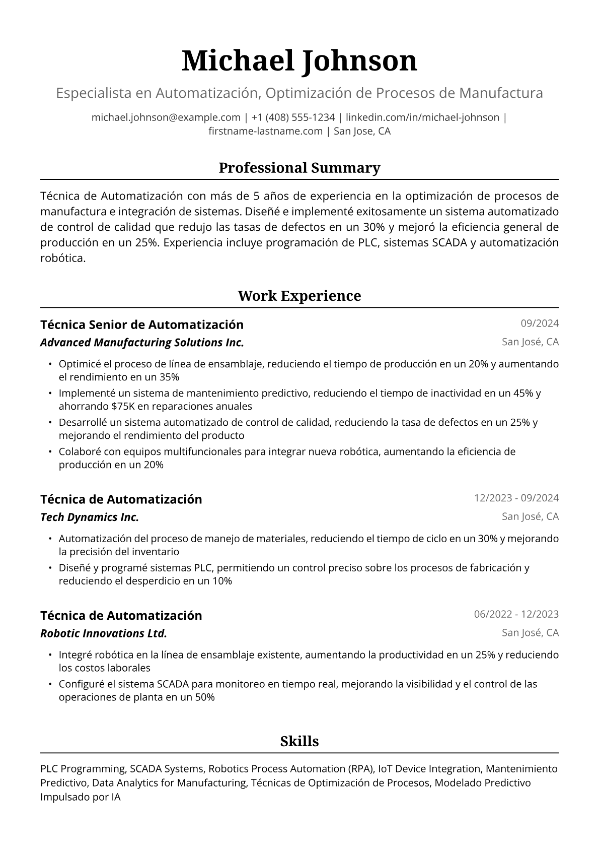 Ejemplo de Currículum de Técnica de Automatización