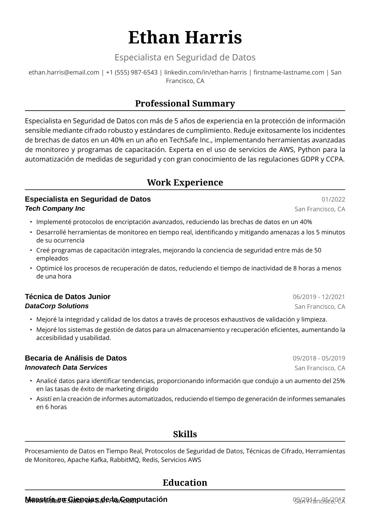 Ejemplo de Currículum de Técnica de Datos