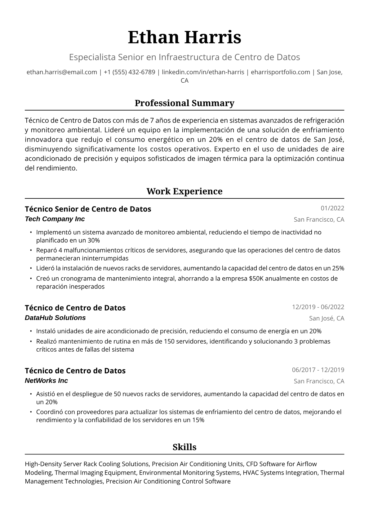 Ejemplo de Currículum de Técnico de Centro de Datos