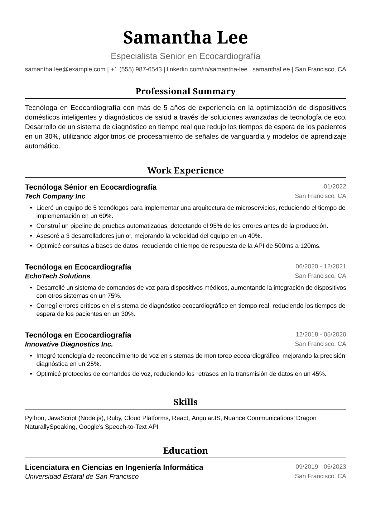 Ejemplo de Currículum de Tecnóloga en Ecocardiografía