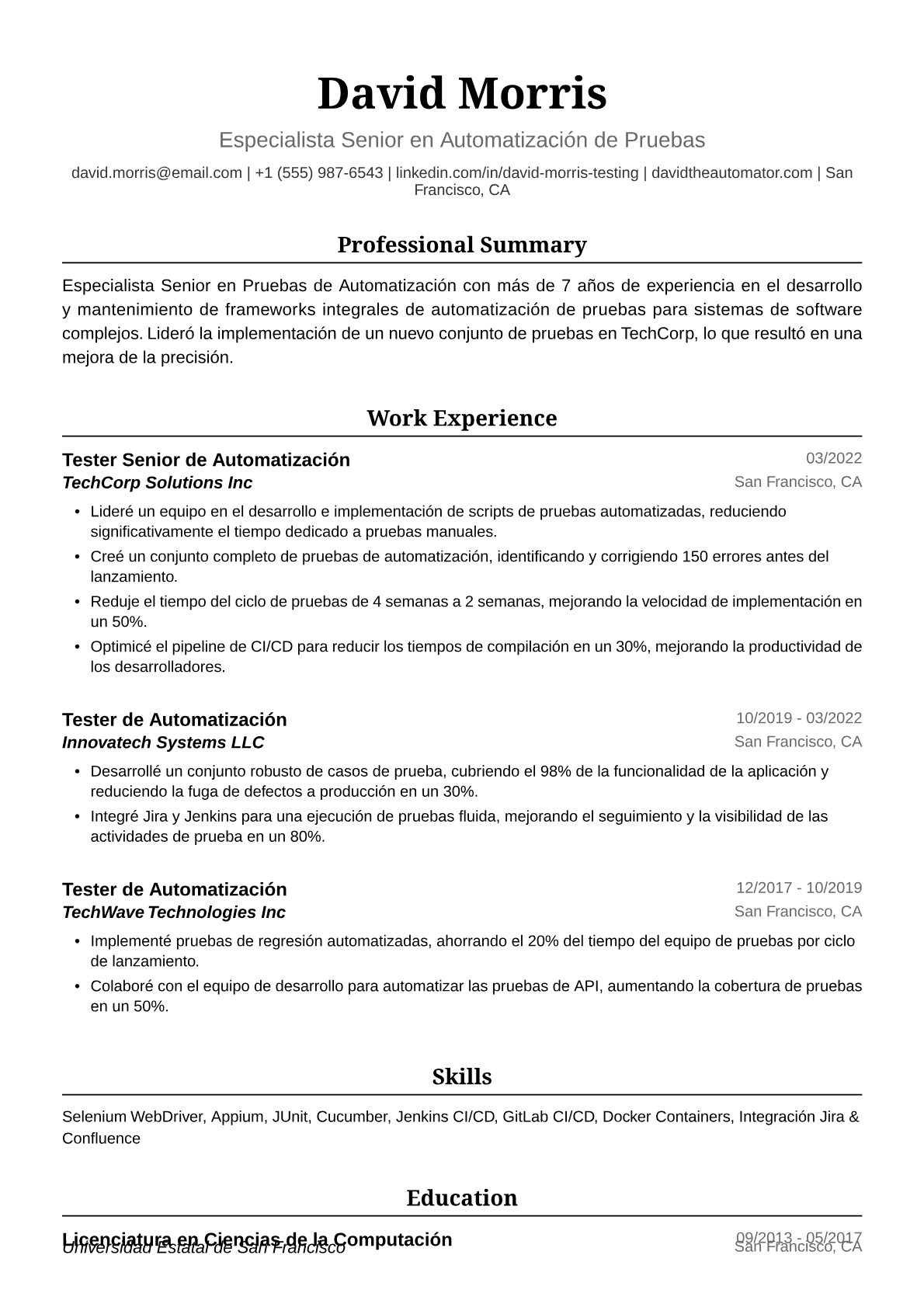 Ejemplo de Currículum de Tester de Automatización