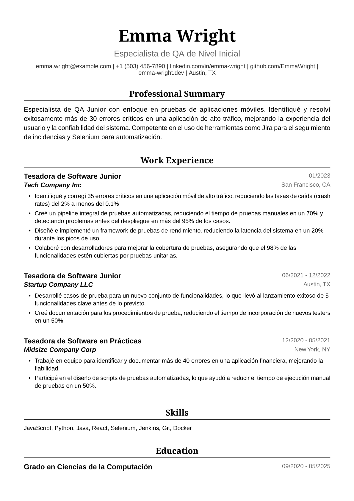 Ejemplo de Currículum para Tester de Software Junior