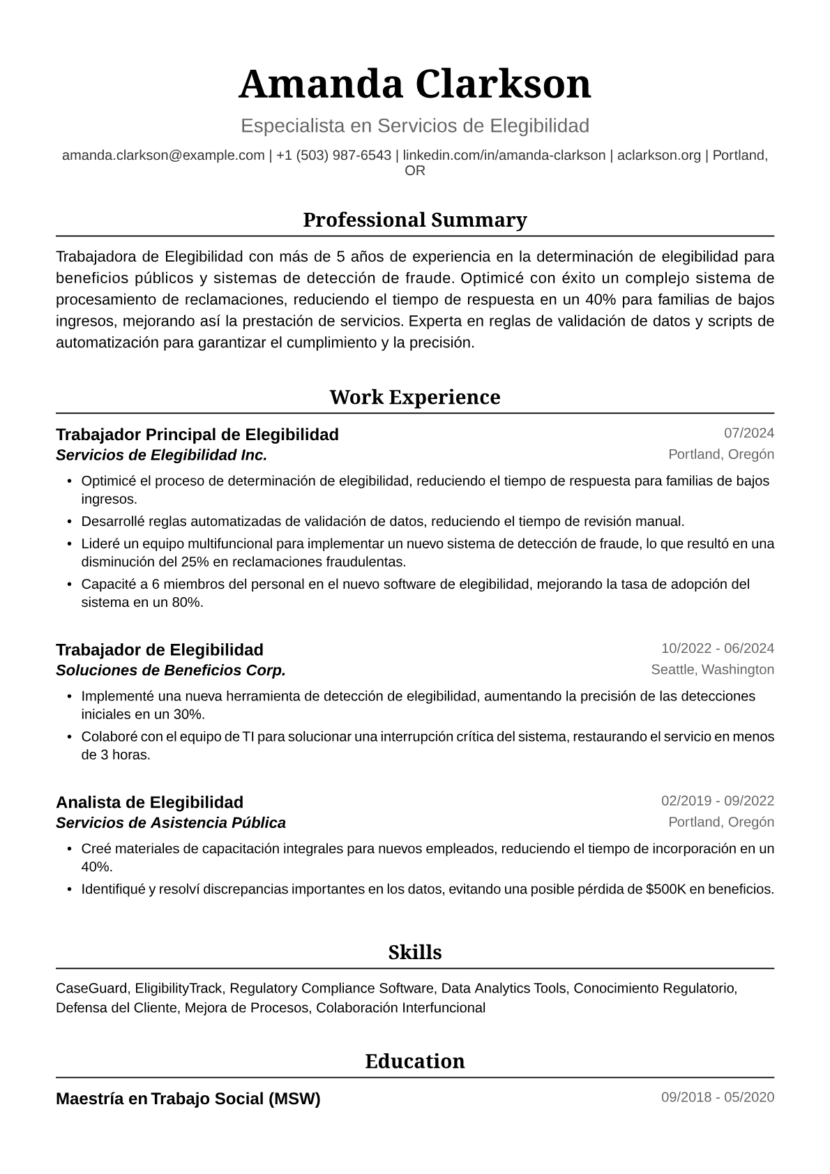 Ejemplo de Currículum de Trabajadora de Elegibilidad