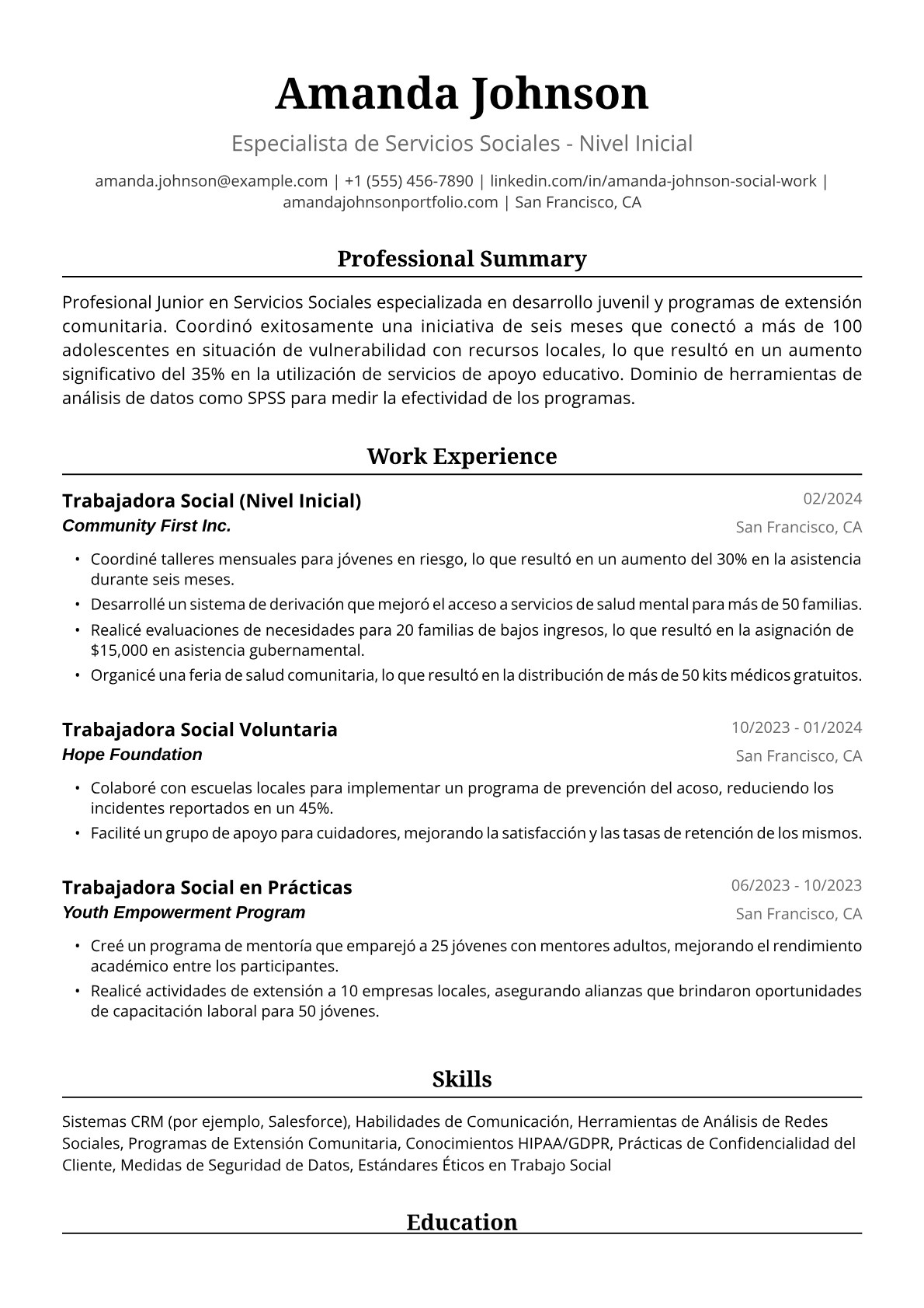 Ejemplo de Currículum para Trabajadora Social Junior