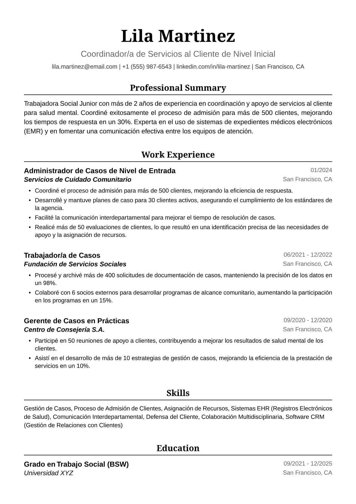 Ejemplo de Currículum de Trabajadora Social Junior