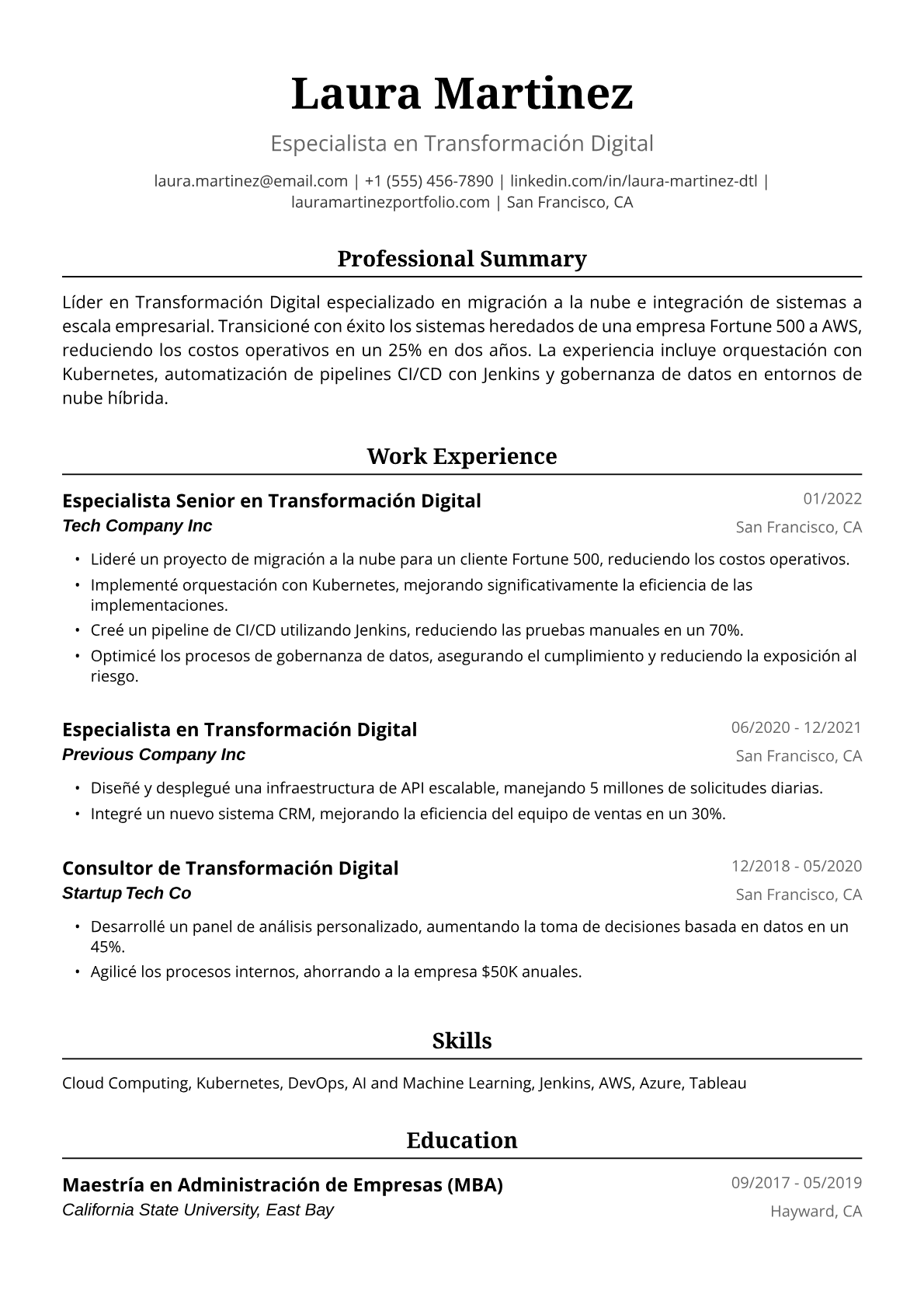 Ejemplo de Currículum Vitae para Transformadora Digital