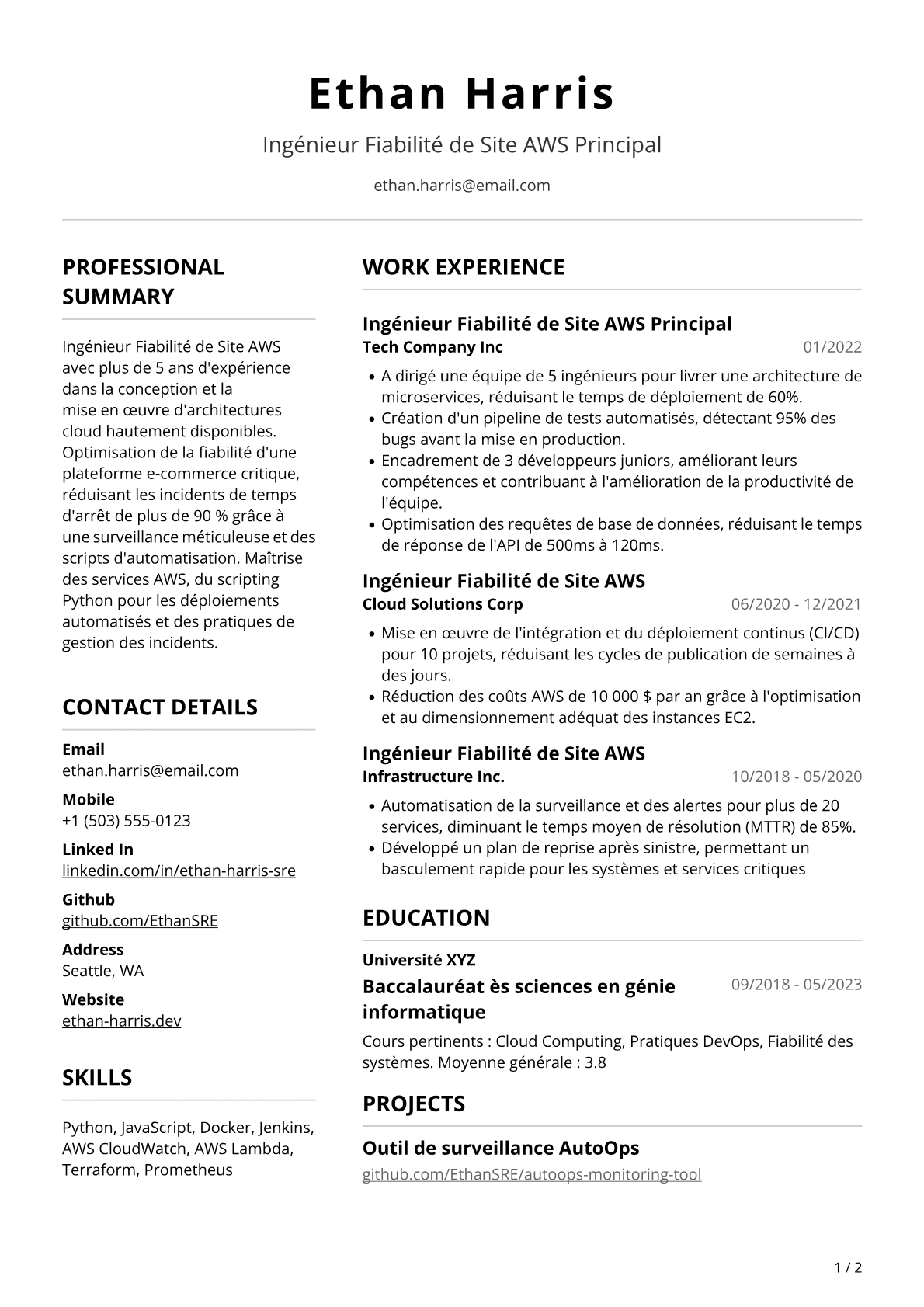 Ingénieur fiabilité de site AWS