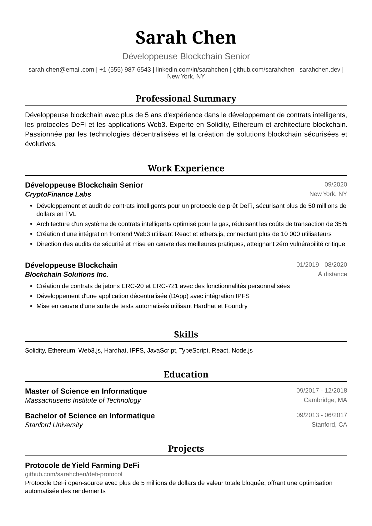 Exemple de CV Développeuse Blockchain